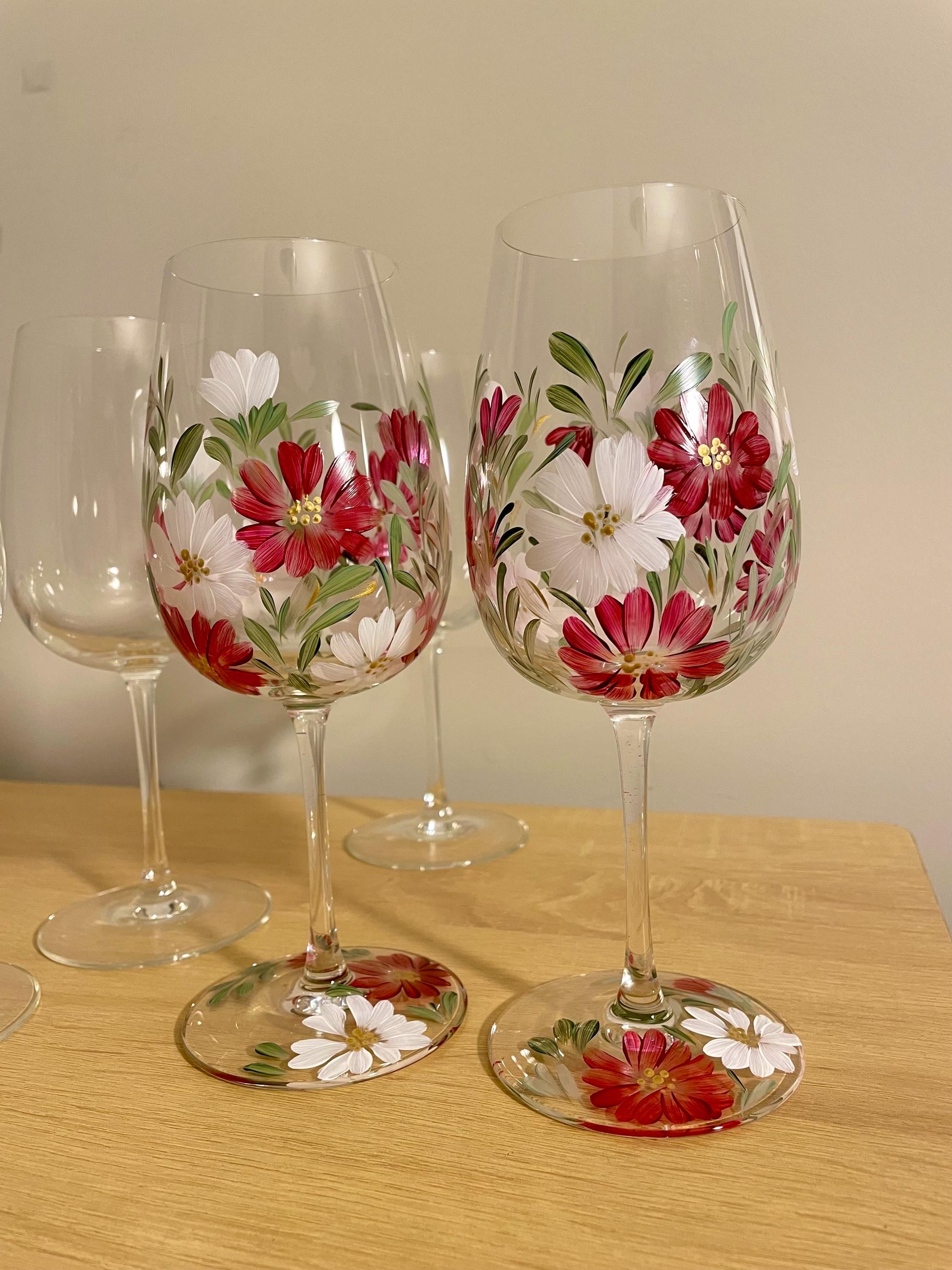 Hand Painted Floral Wine Glass 17 oz.