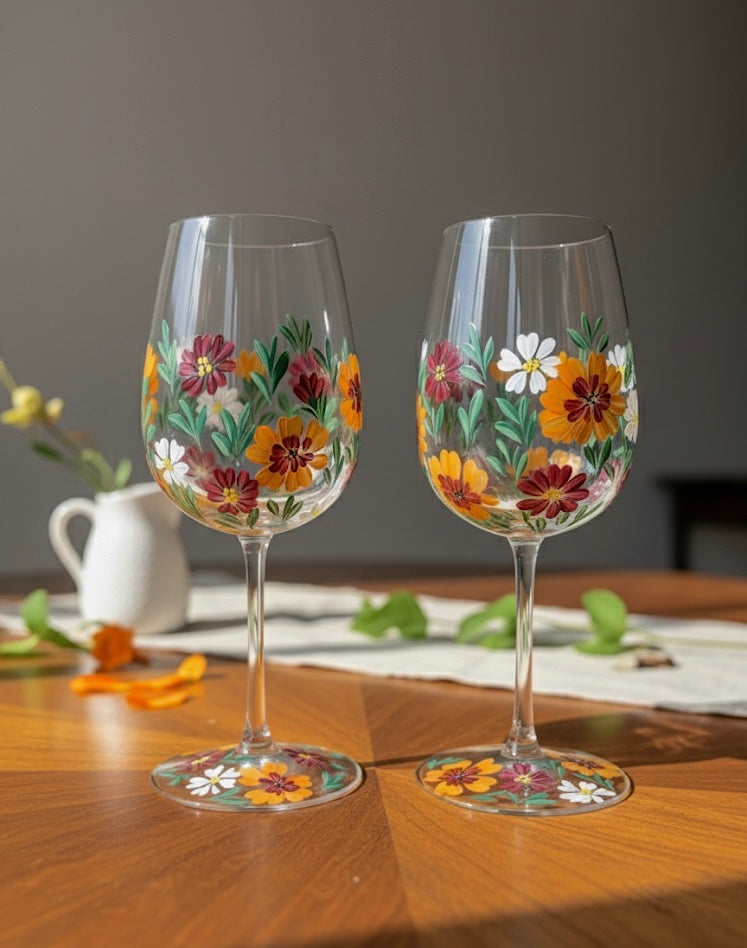 Fall Garden- Hand Painted Floral Wine Glass 17 oz