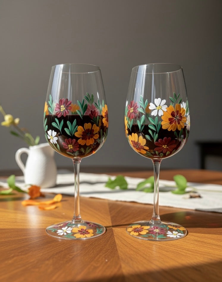 Fall Garden- Hand Painted Floral Wine Glass 17 oz