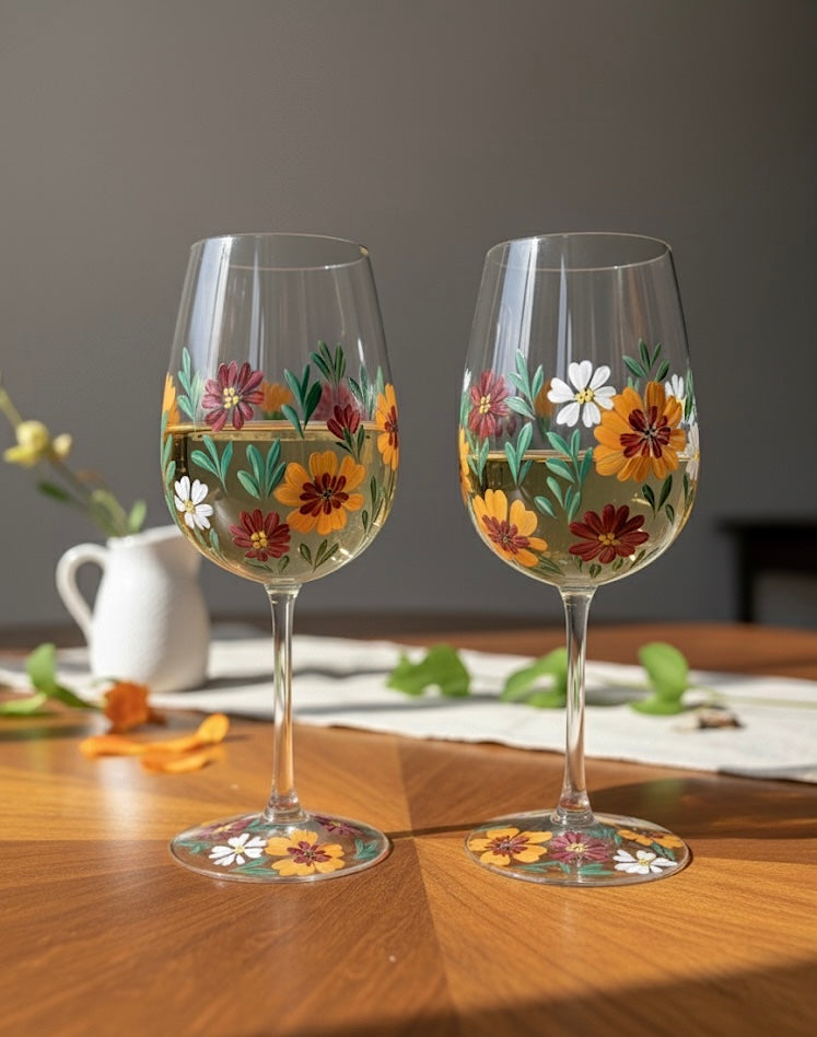 Fall Garden- Hand Painted Floral Wine Glass 17 oz
