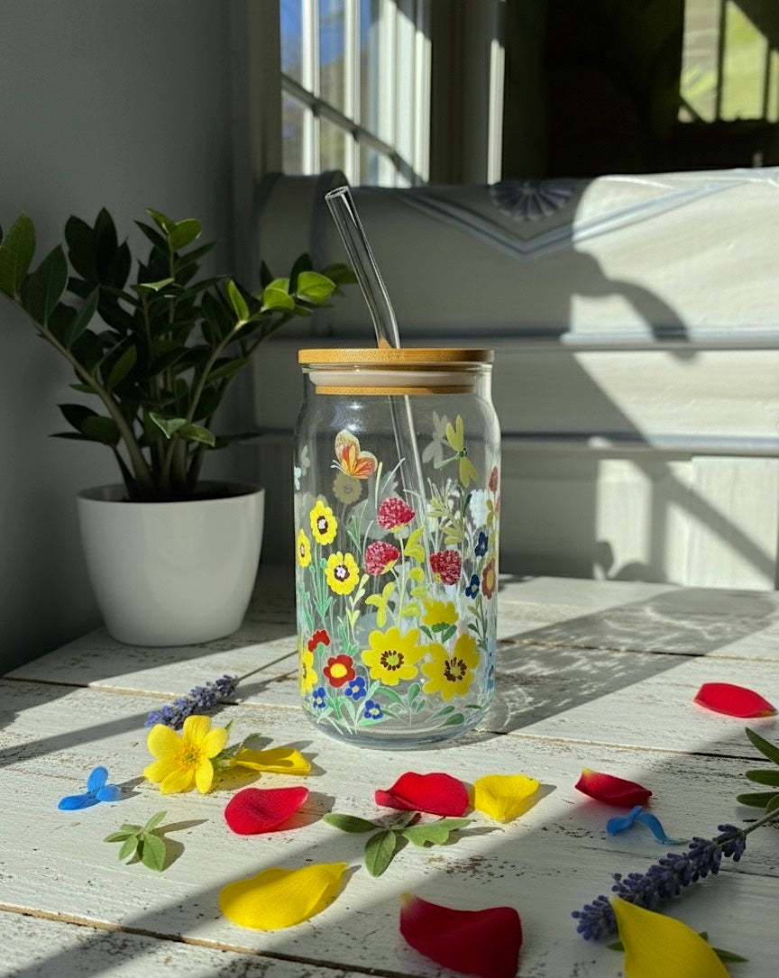 Colorful Garden With Butterflies glass can with lid and straw 16oz