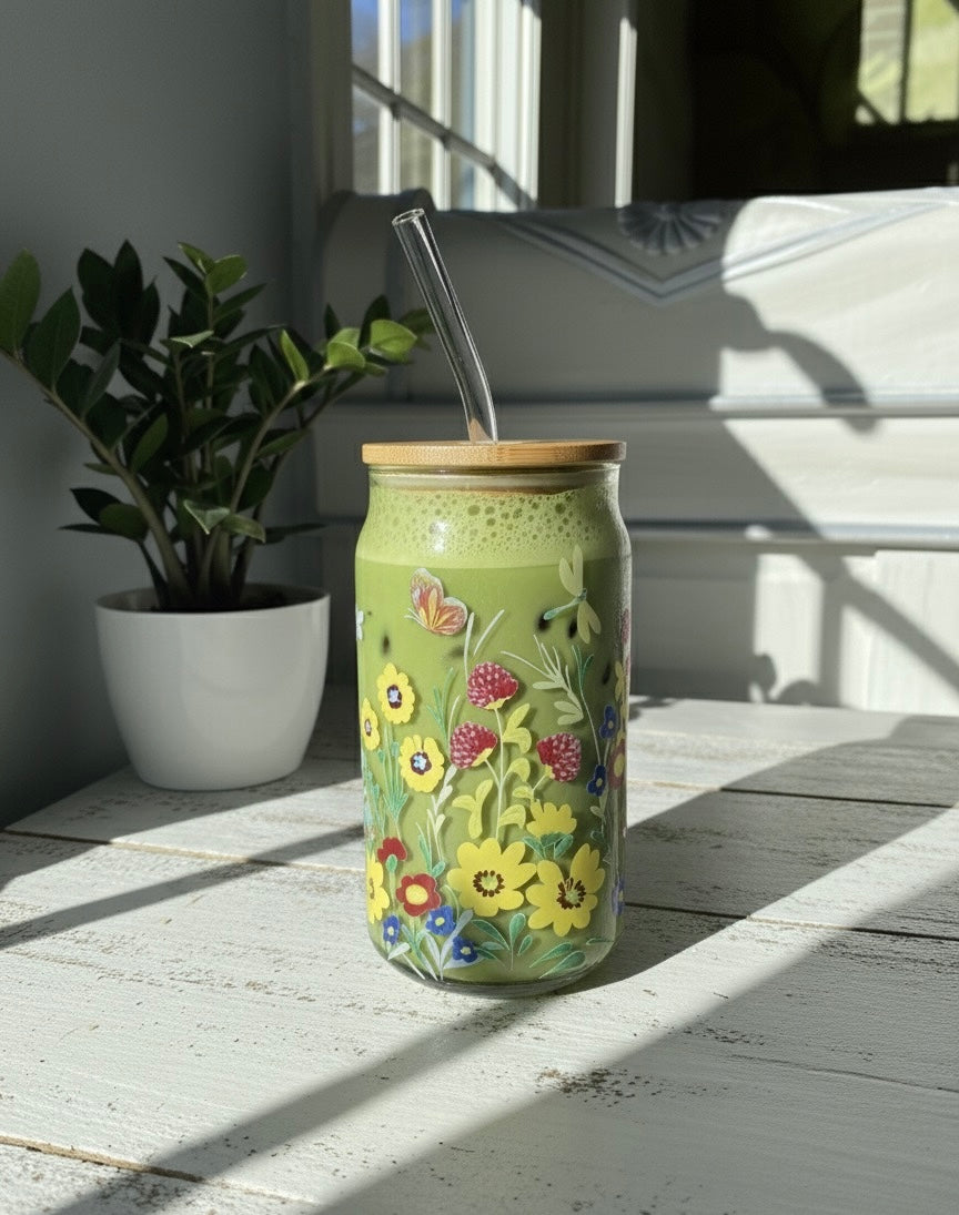 Colorful Garden With Butterflies glass can with lid and straw 16oz
