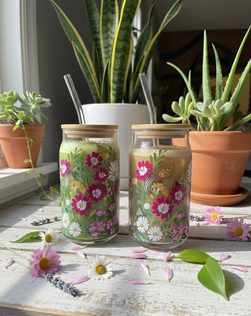 Pink Garden glass can with lid and straw 16oz