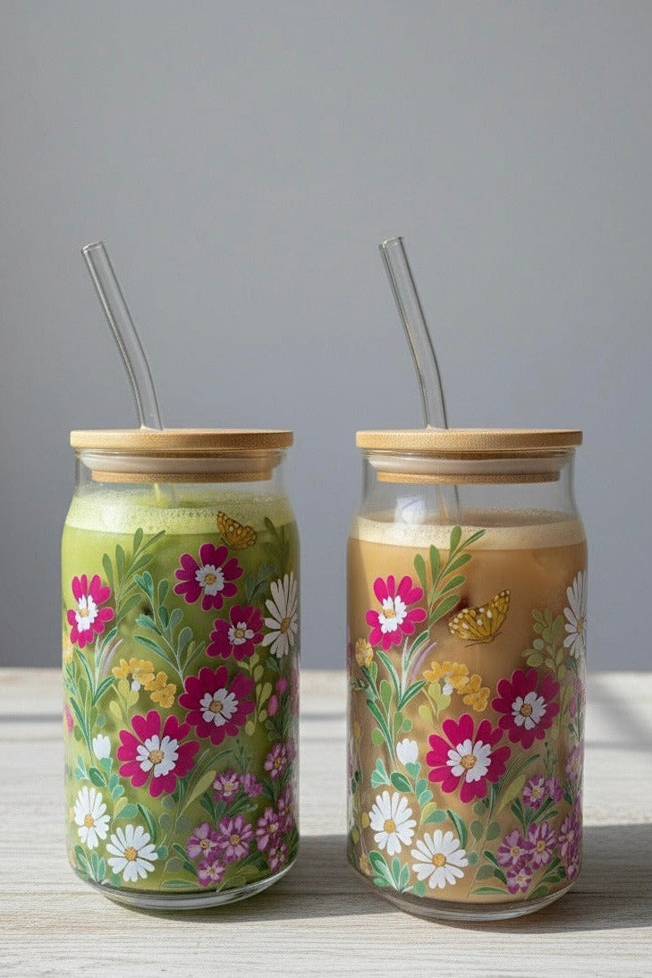 Pink Garden glass can with lid and straw 16oz