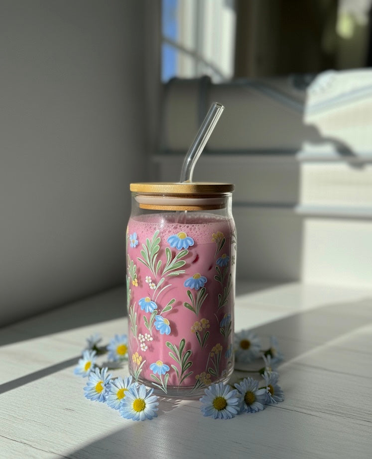 Blue Daisies glass can with lid and straw 16oz