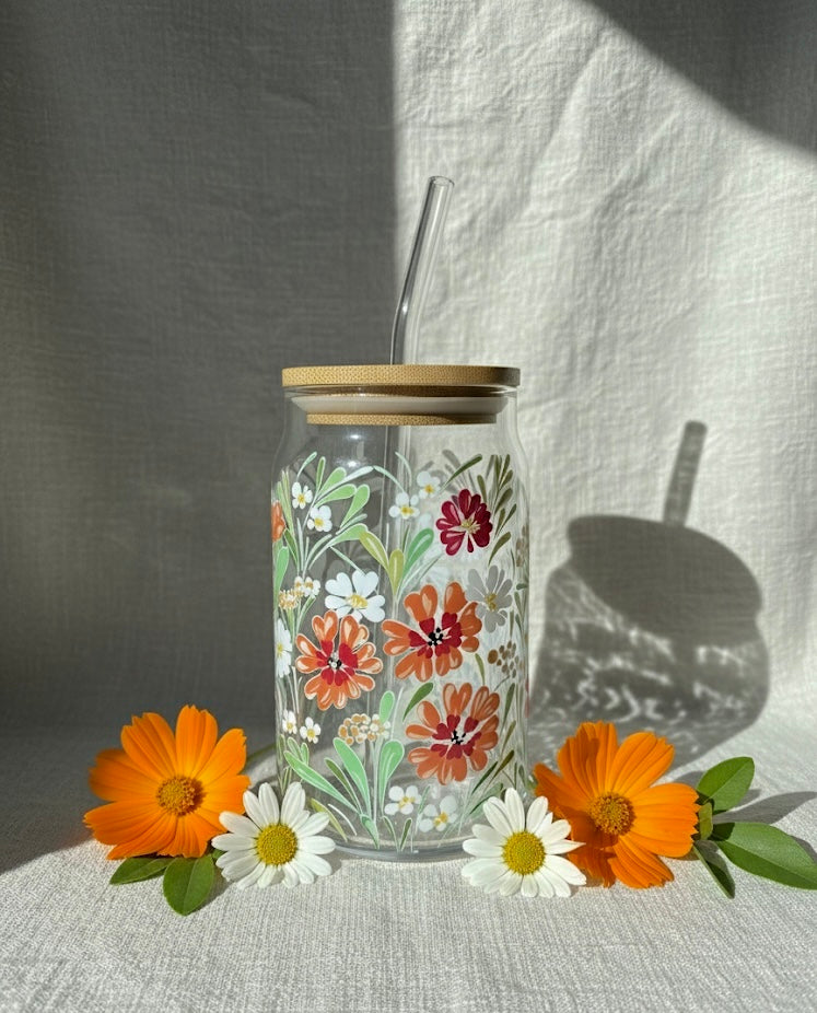 Orange Garden glass can with lid and straw 16oz