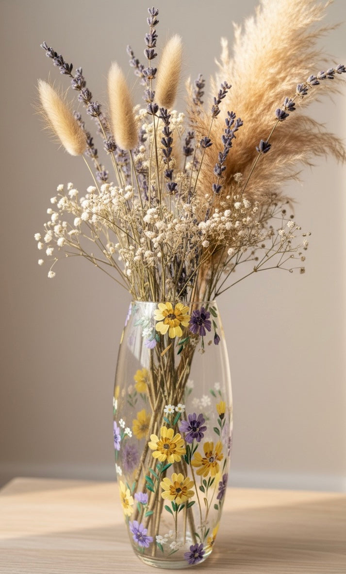 Hand Painted Floral Glass Vase 10"