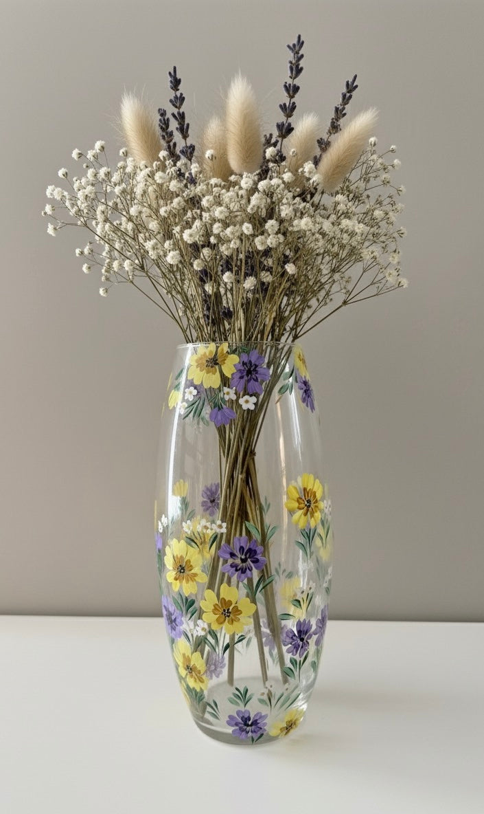 Hand Painted Floral Glass Vase 10"