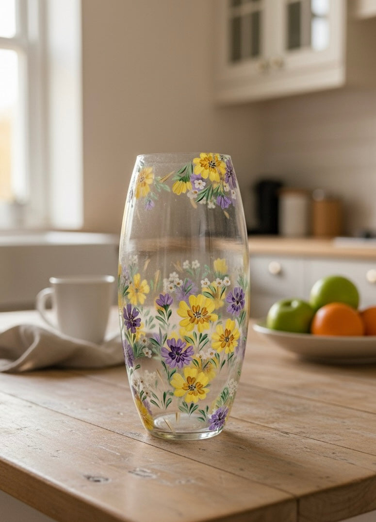 Hand Painted Floral Glass Vase 10"