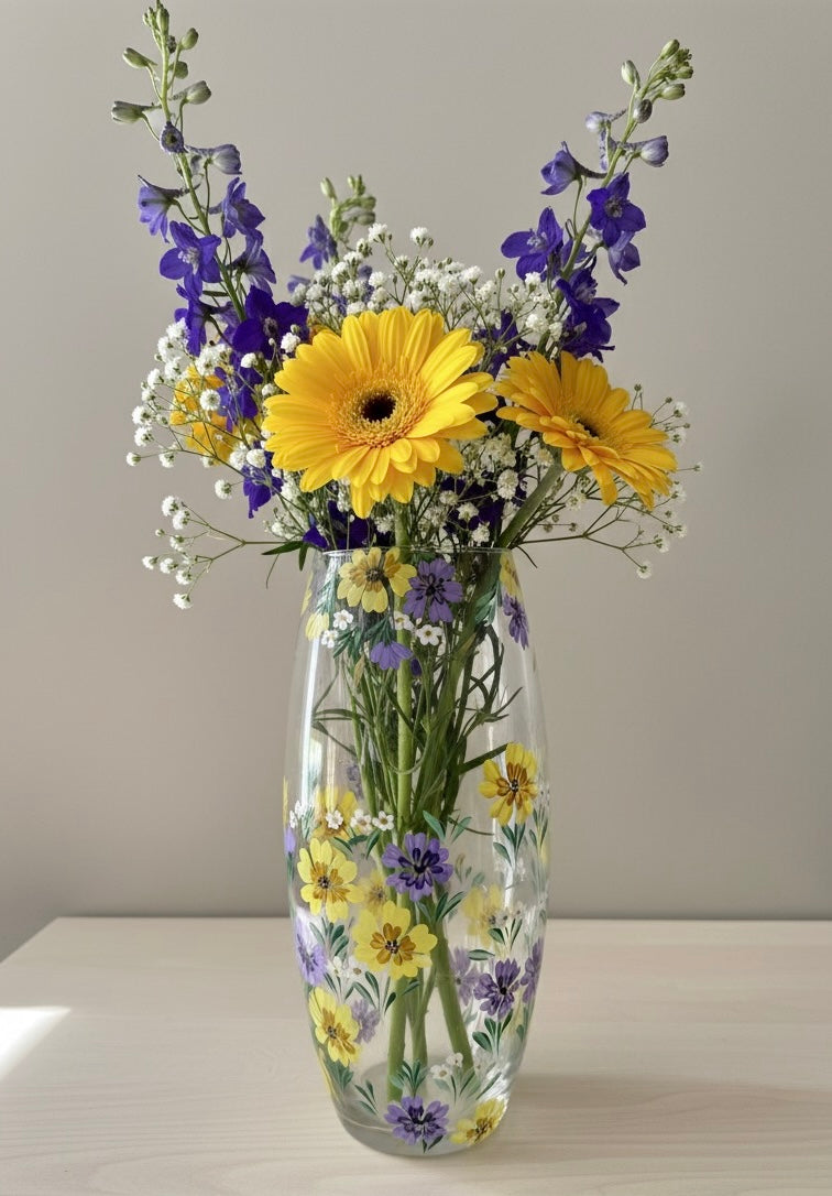 Hand Painted Floral Glass Vase 10"