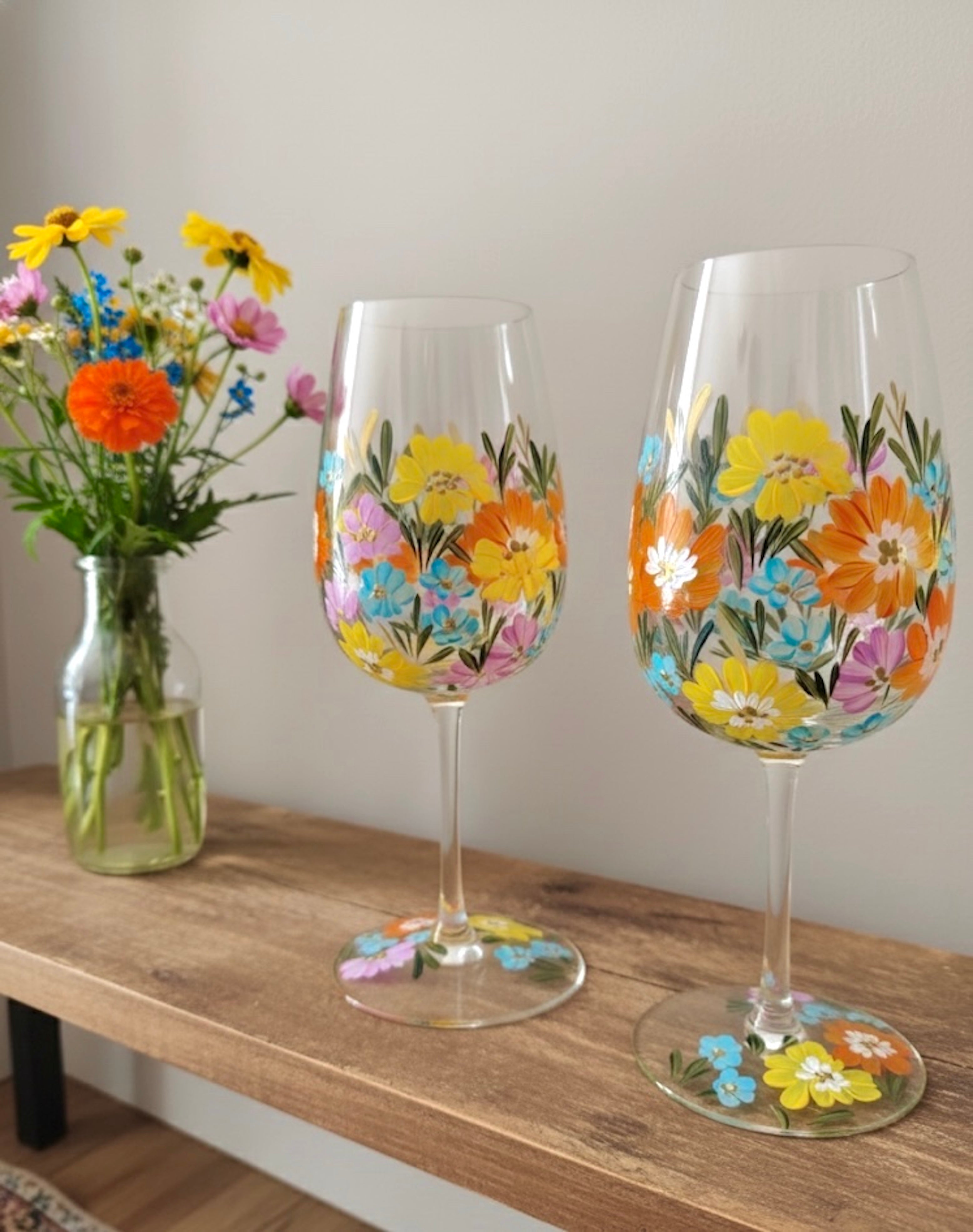 Colorful Garden - Hand painted floral wine glasses 17oz