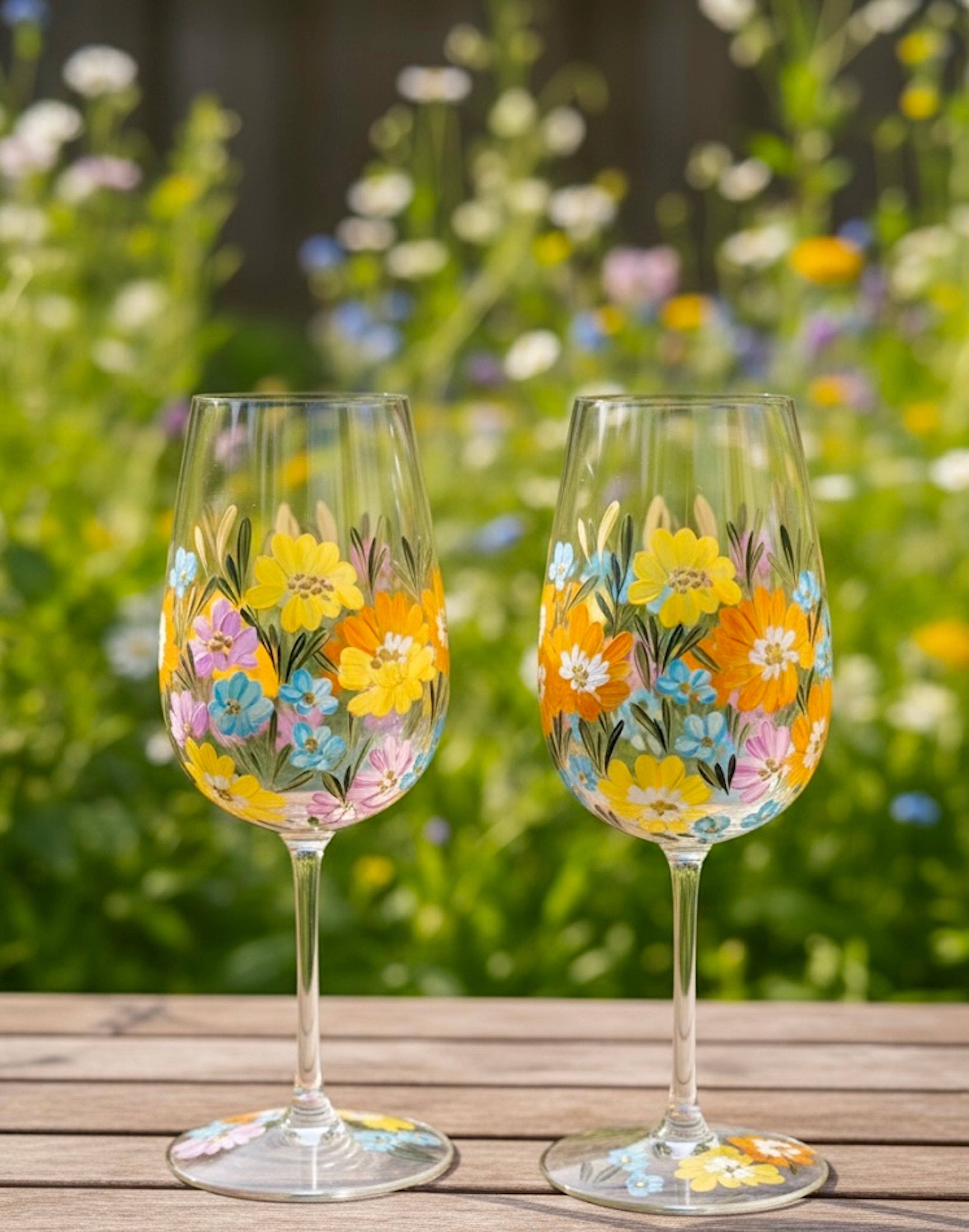 Colorful Garden - Hand painted floral wine glasses 17oz