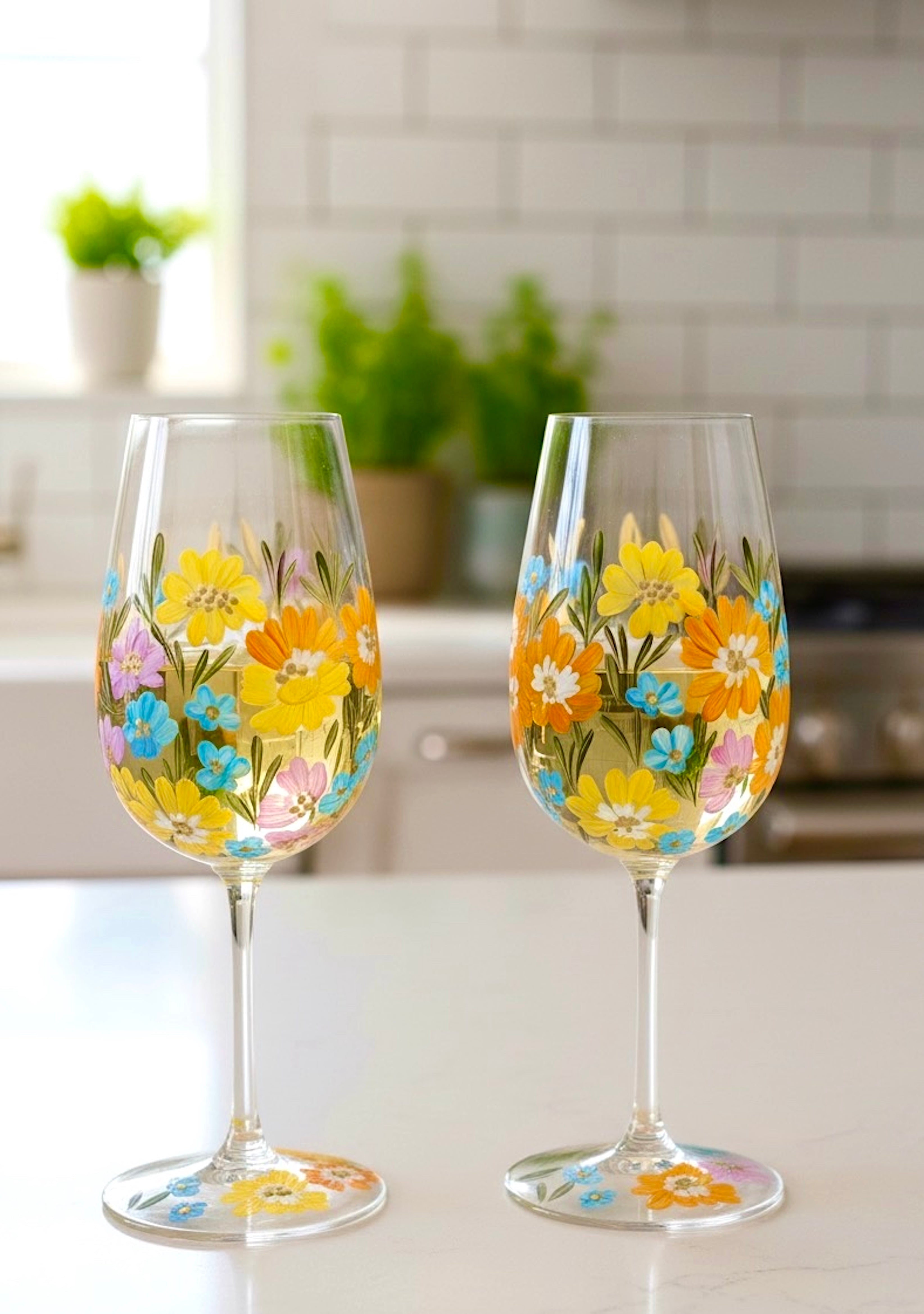 Colorful Garden - Hand painted floral wine glasses 17oz