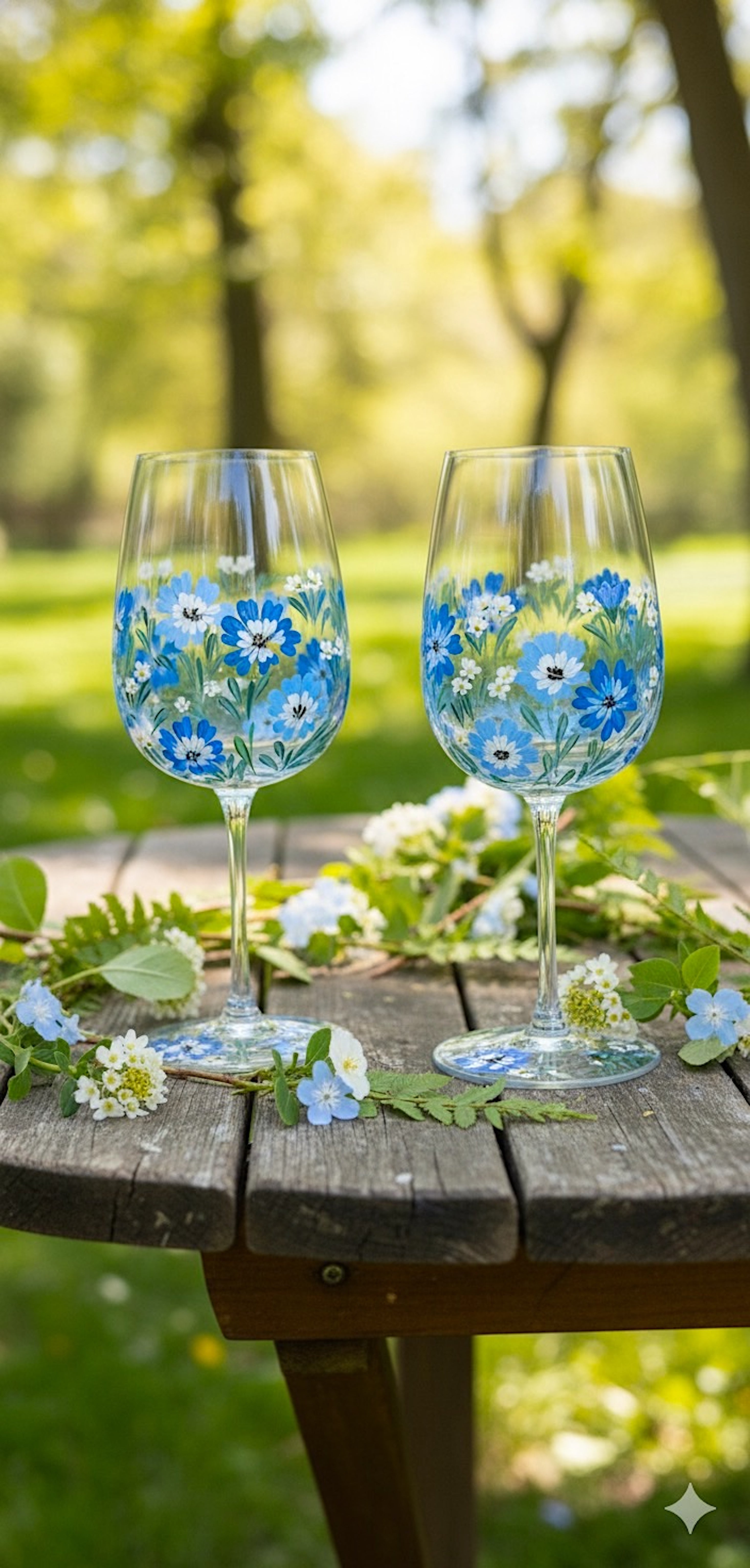 Blue Garden - Hand Painted Floral Wine Glass 17 oz