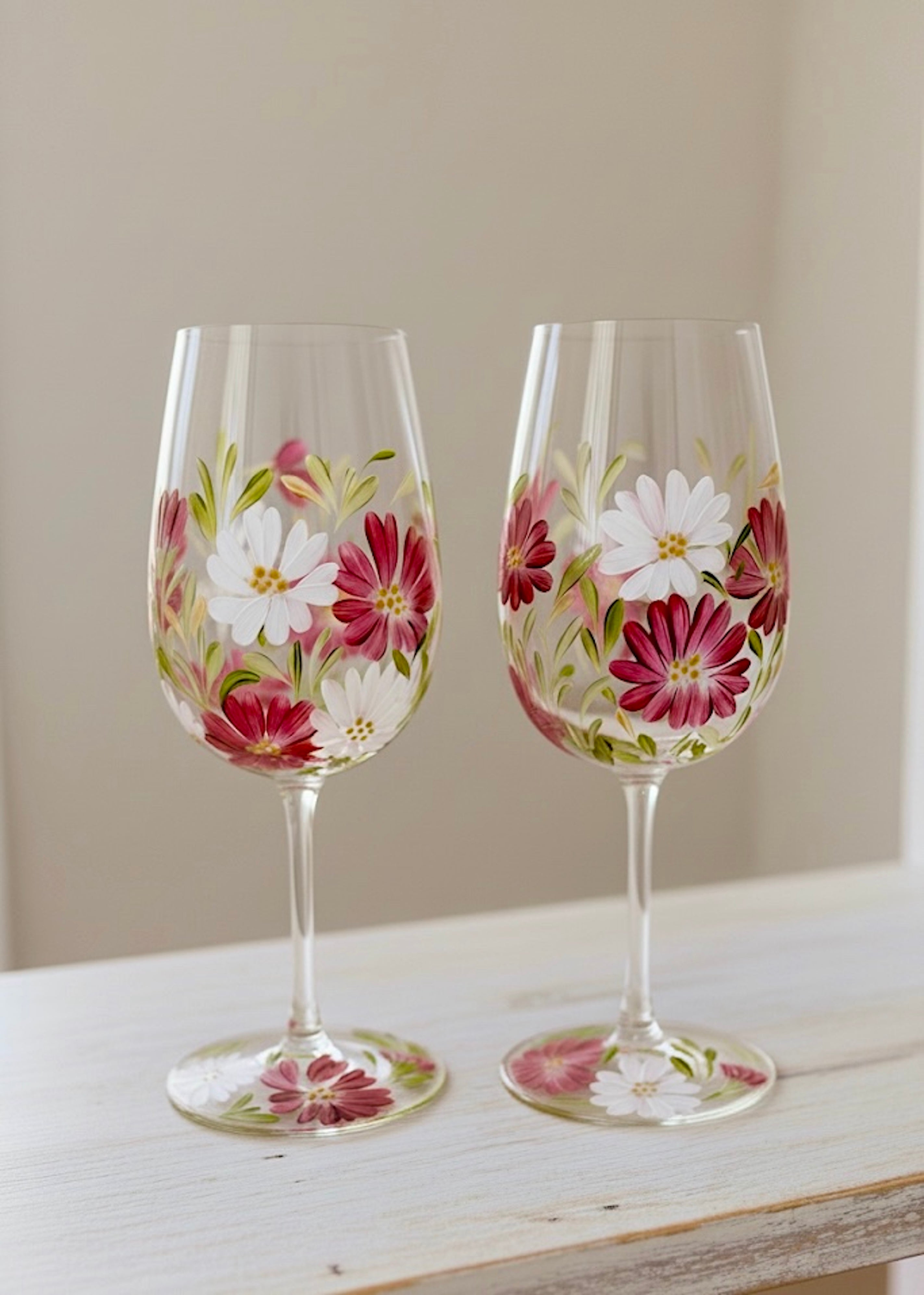 Hand Painted Floral Wine Glass 17 oz.