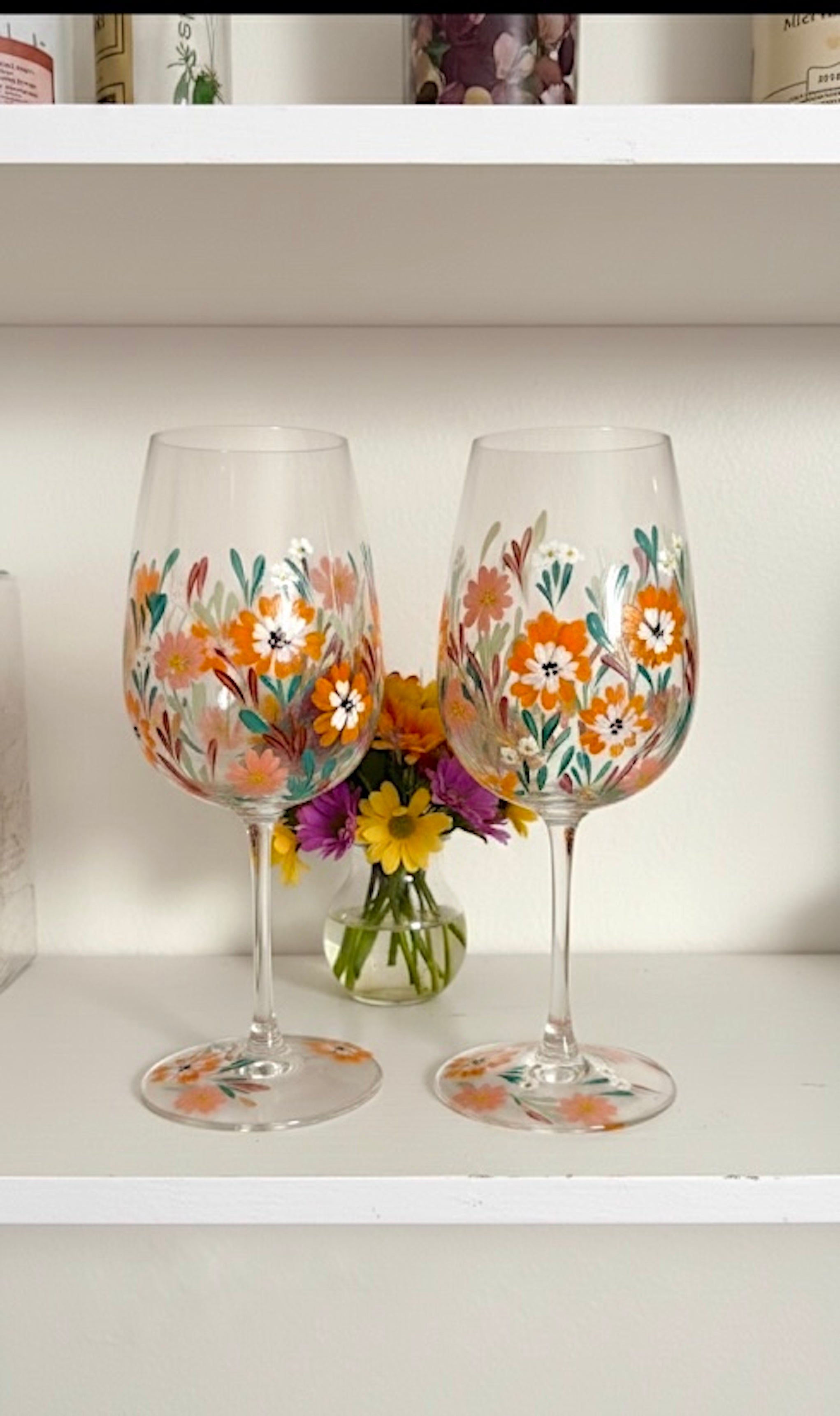 Orange Garden - Hand painted floral wine glass