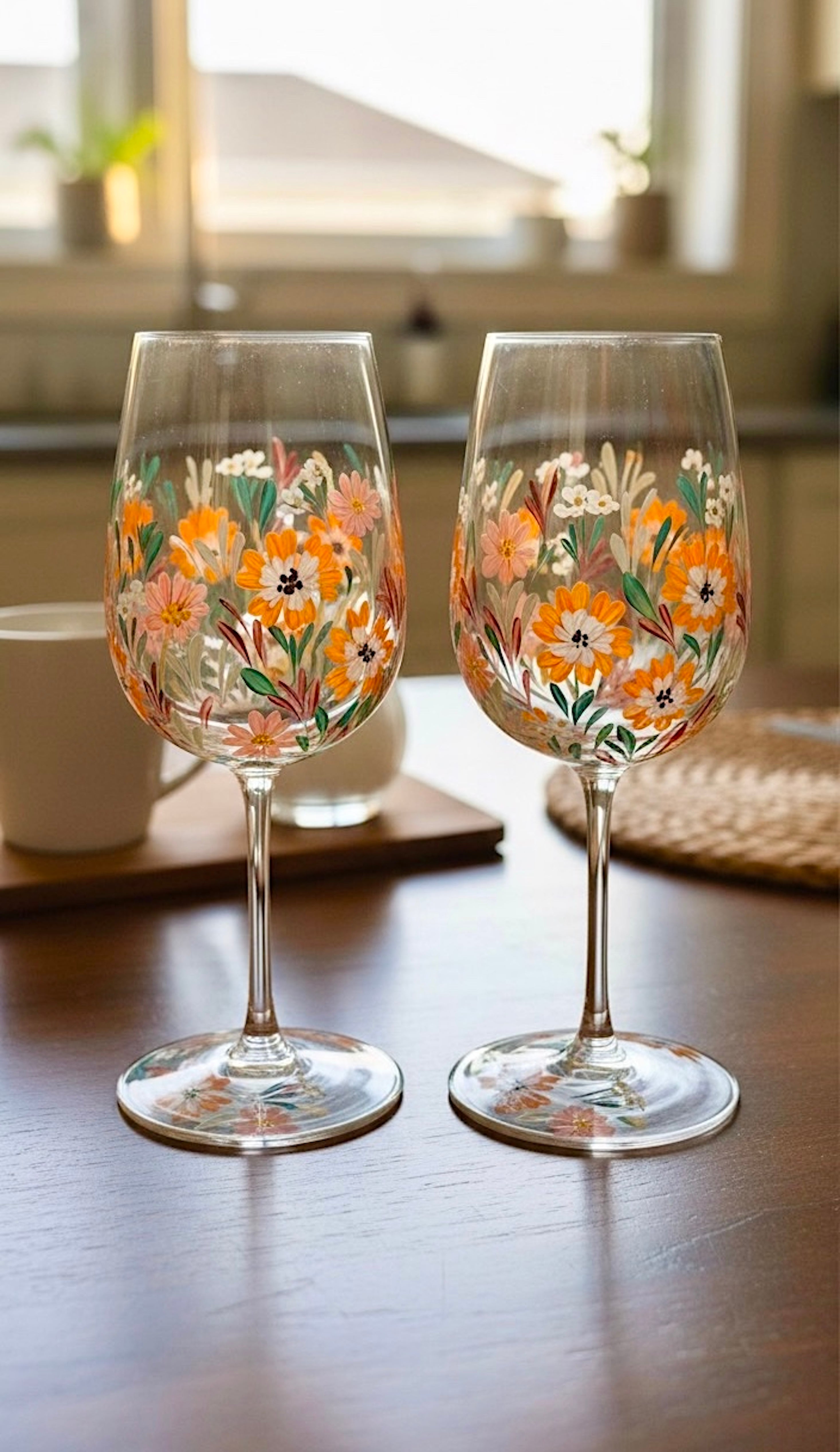 Orange Garden - Hand painted floral wine glass