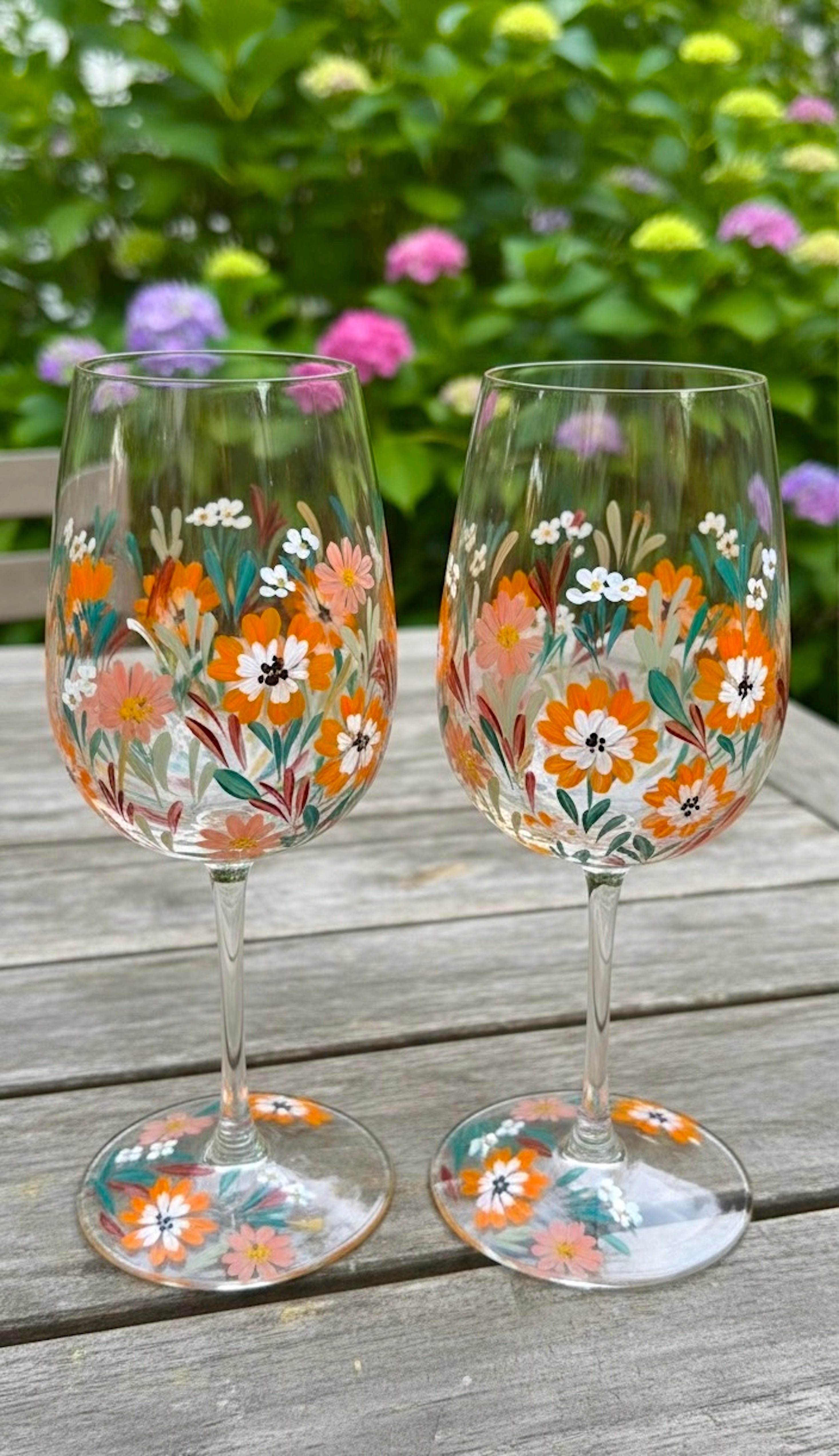 Orange Garden - Hand painted floral wine glass
