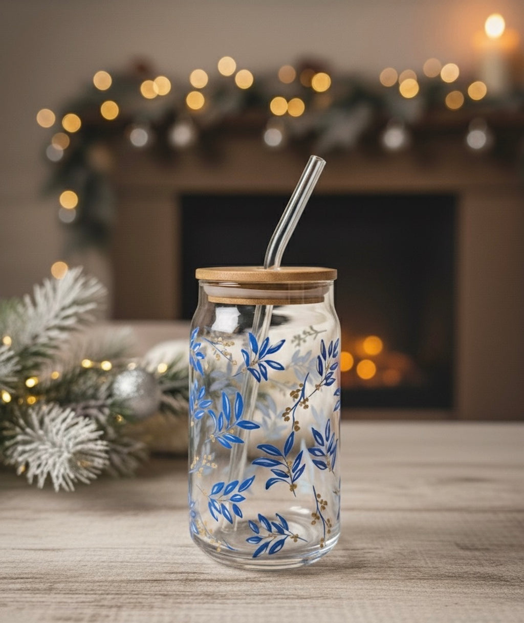 Blue Leaf glass can with lid and straw 16oz