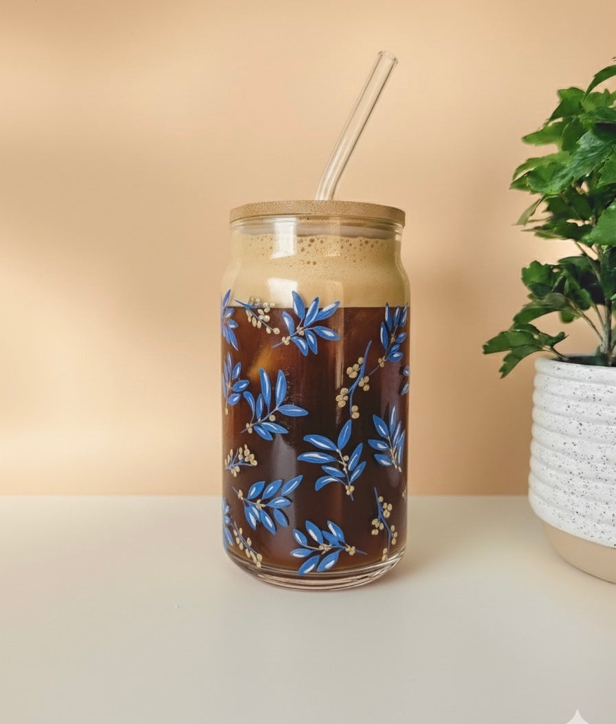 Blue Leaf glass can with lid and straw 16oz