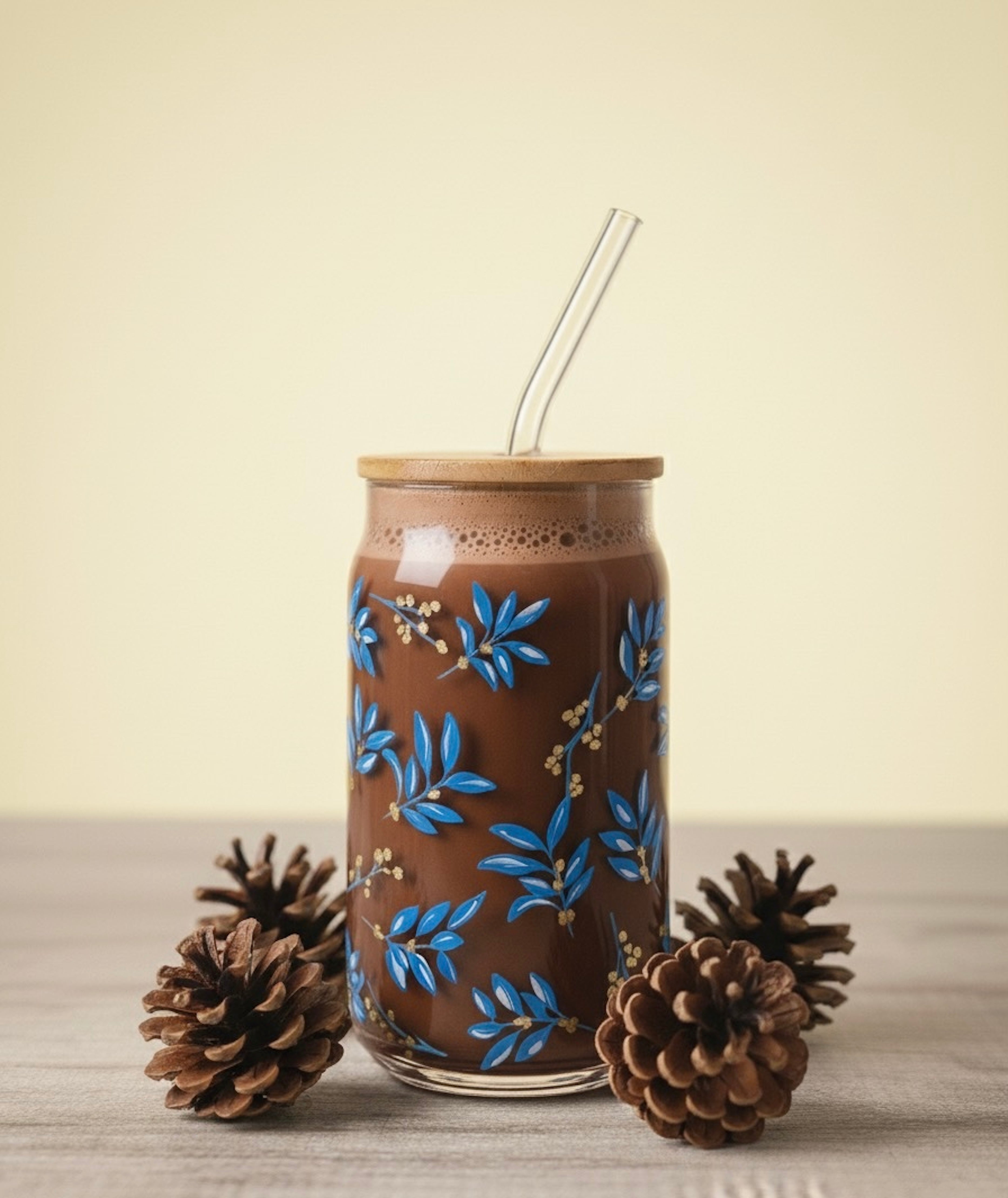 Blue Leaf glass can with lid and straw 16oz