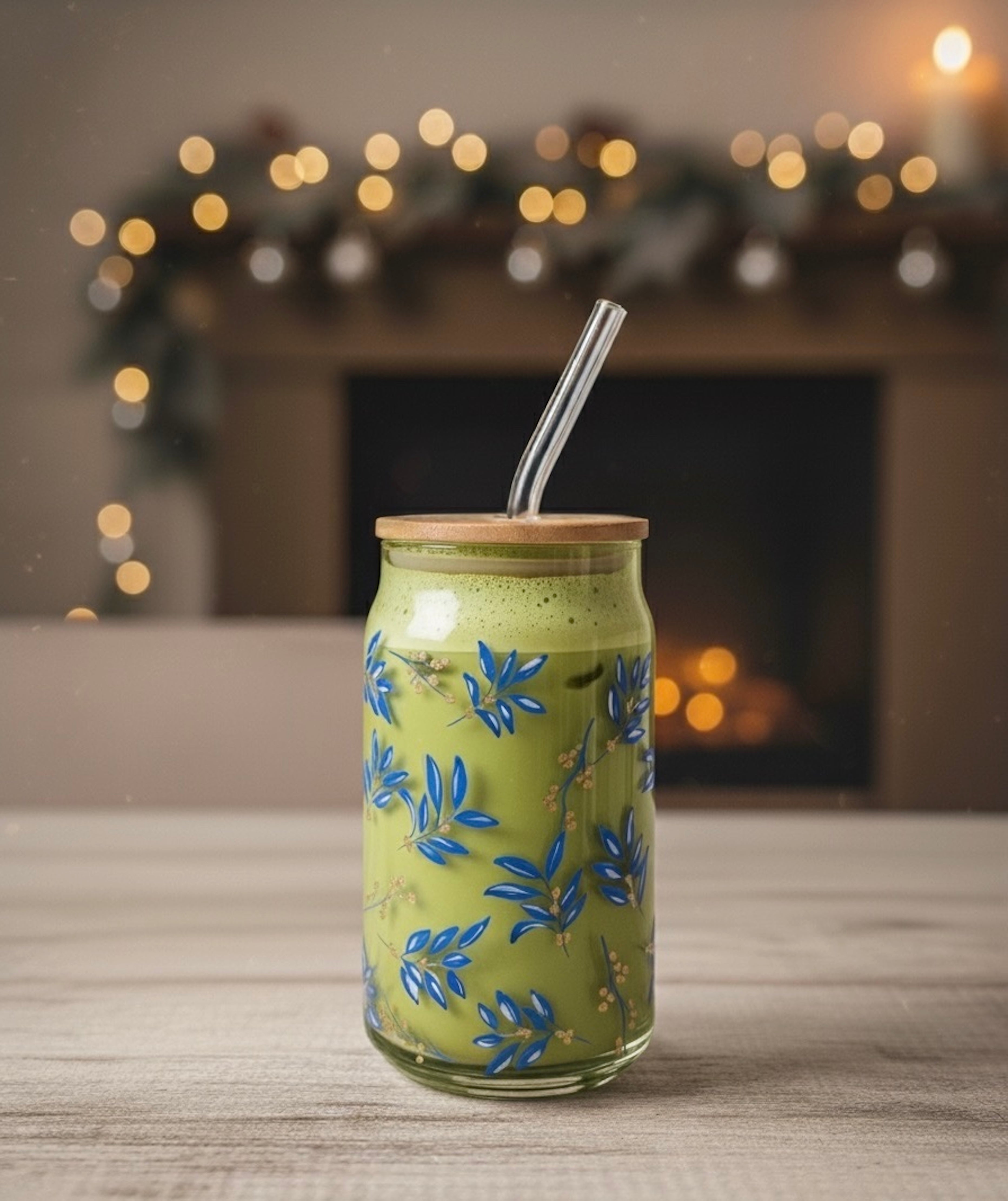 Blue Leaf glass can with lid and straw 16oz