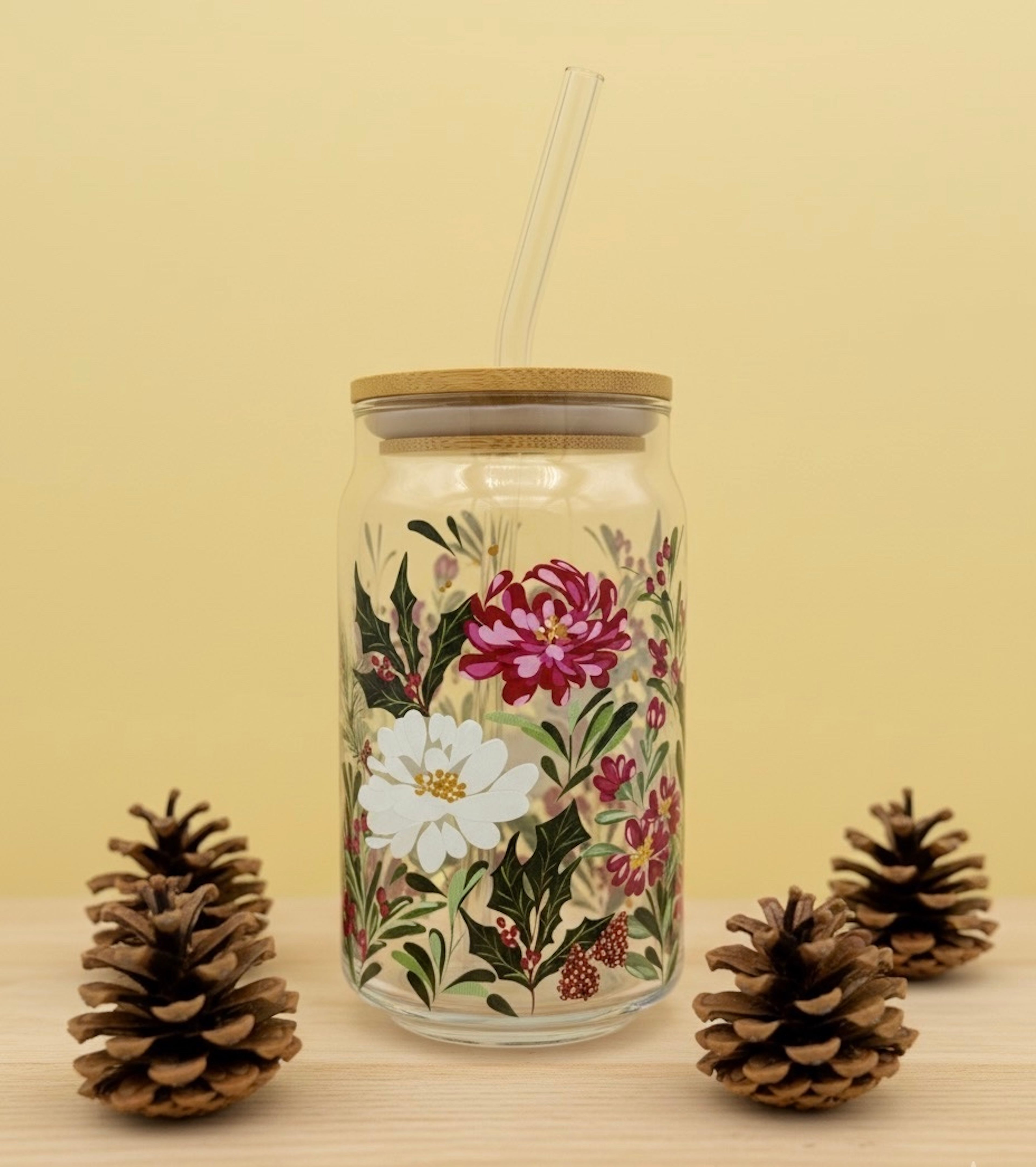 Winter bouquet glass can with lid and straw 16oz