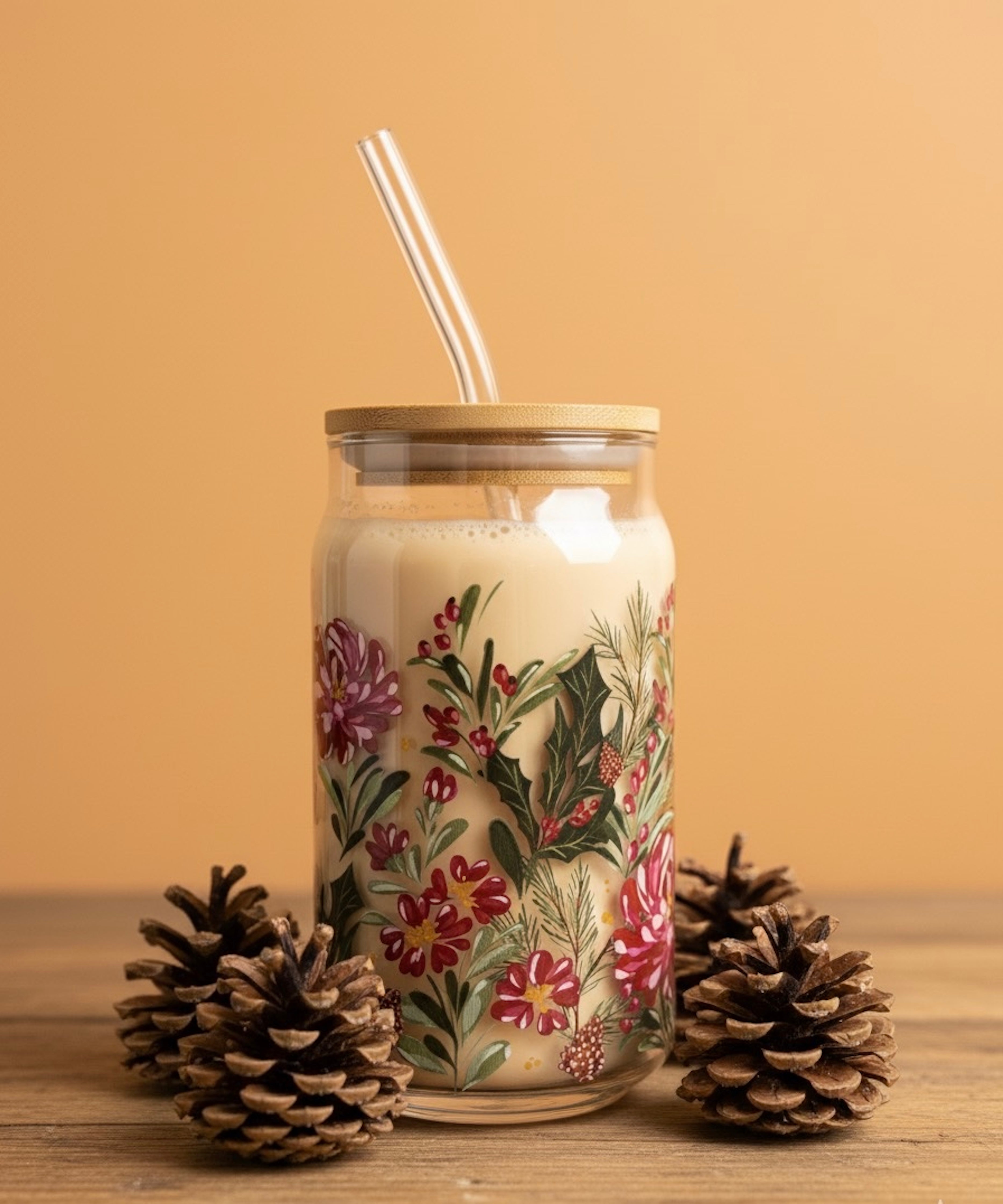 Winter bouquet glass can with lid and straw 16oz