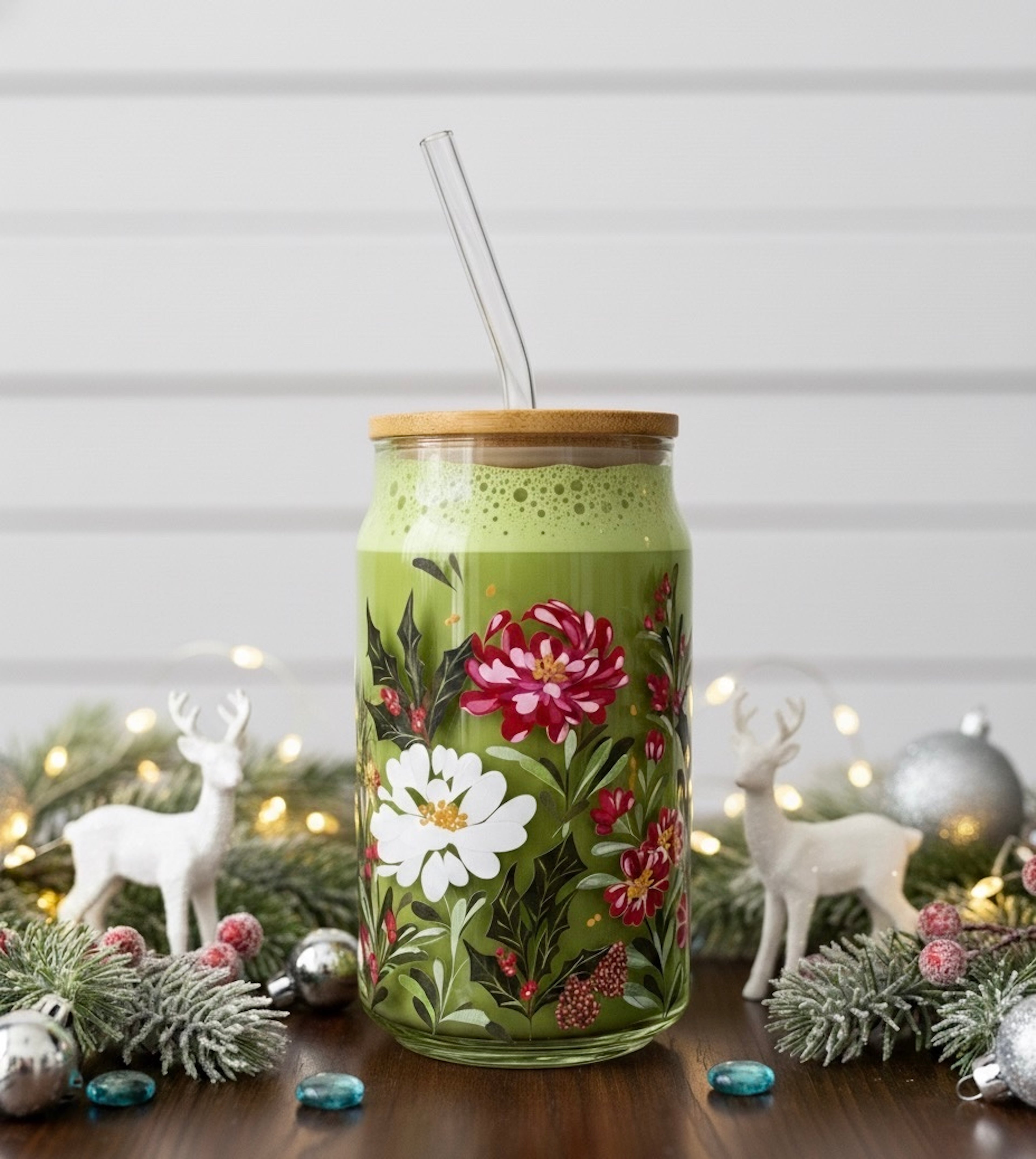 Winter bouquet glass can with lid and straw 16oz