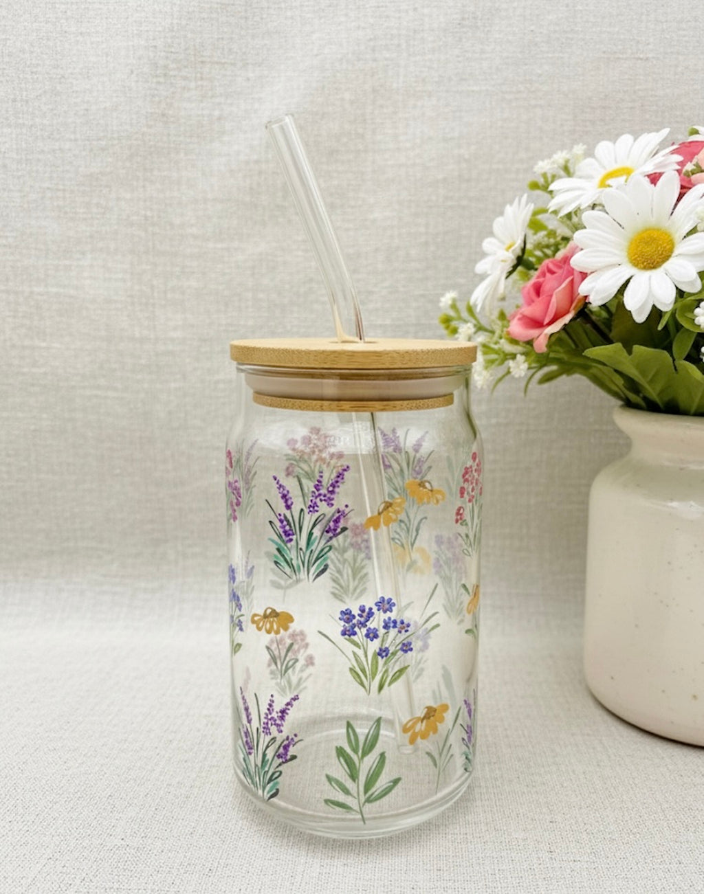 Wild flowers glass can with lid and straw 16oz