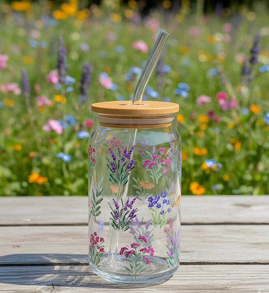 Wild flowers glass can with lid and straw 16oz