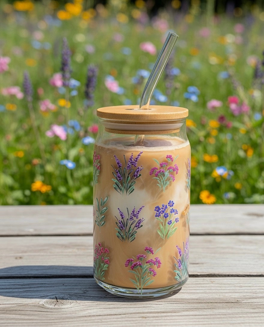 Wild flowers glass can with lid and straw 16oz