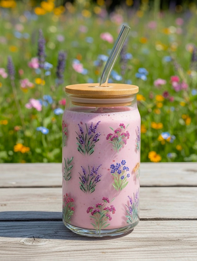 Wild flowers glass can with lid and straw 16oz