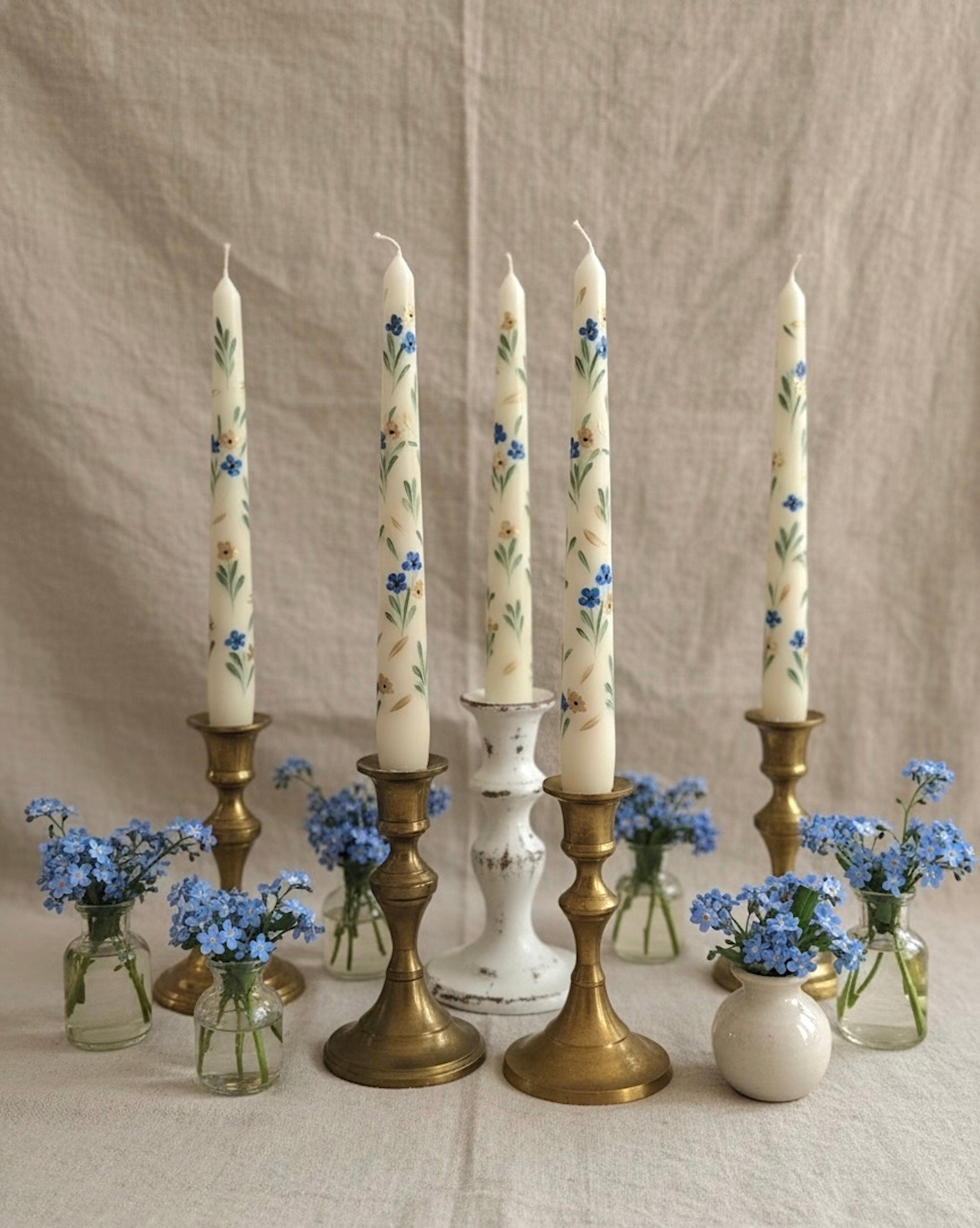 Forget me not Garden - Set of 2 Hand Painted Taper Candles