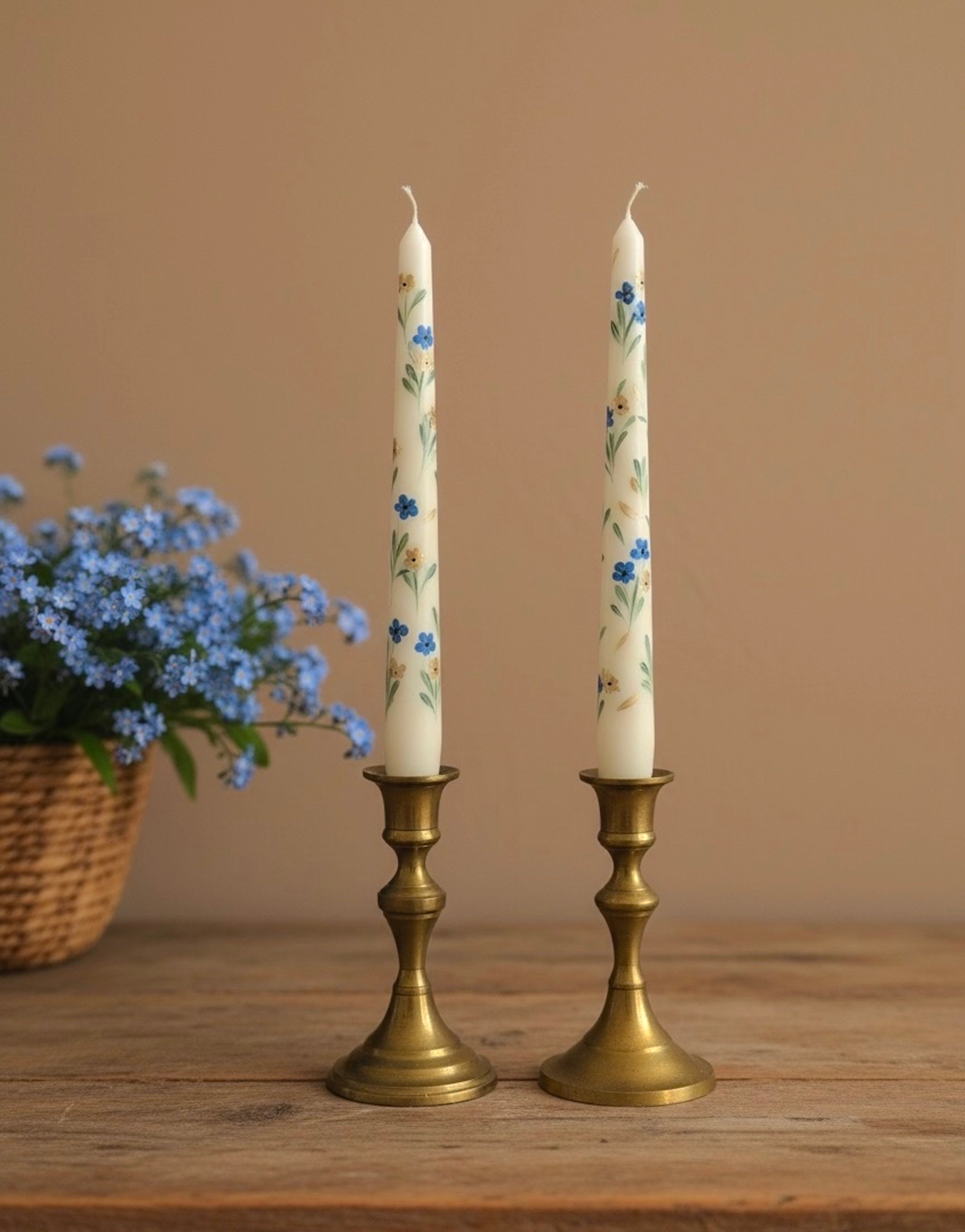 Forget me not Garden - Set of 2 Hand Painted Taper Candles