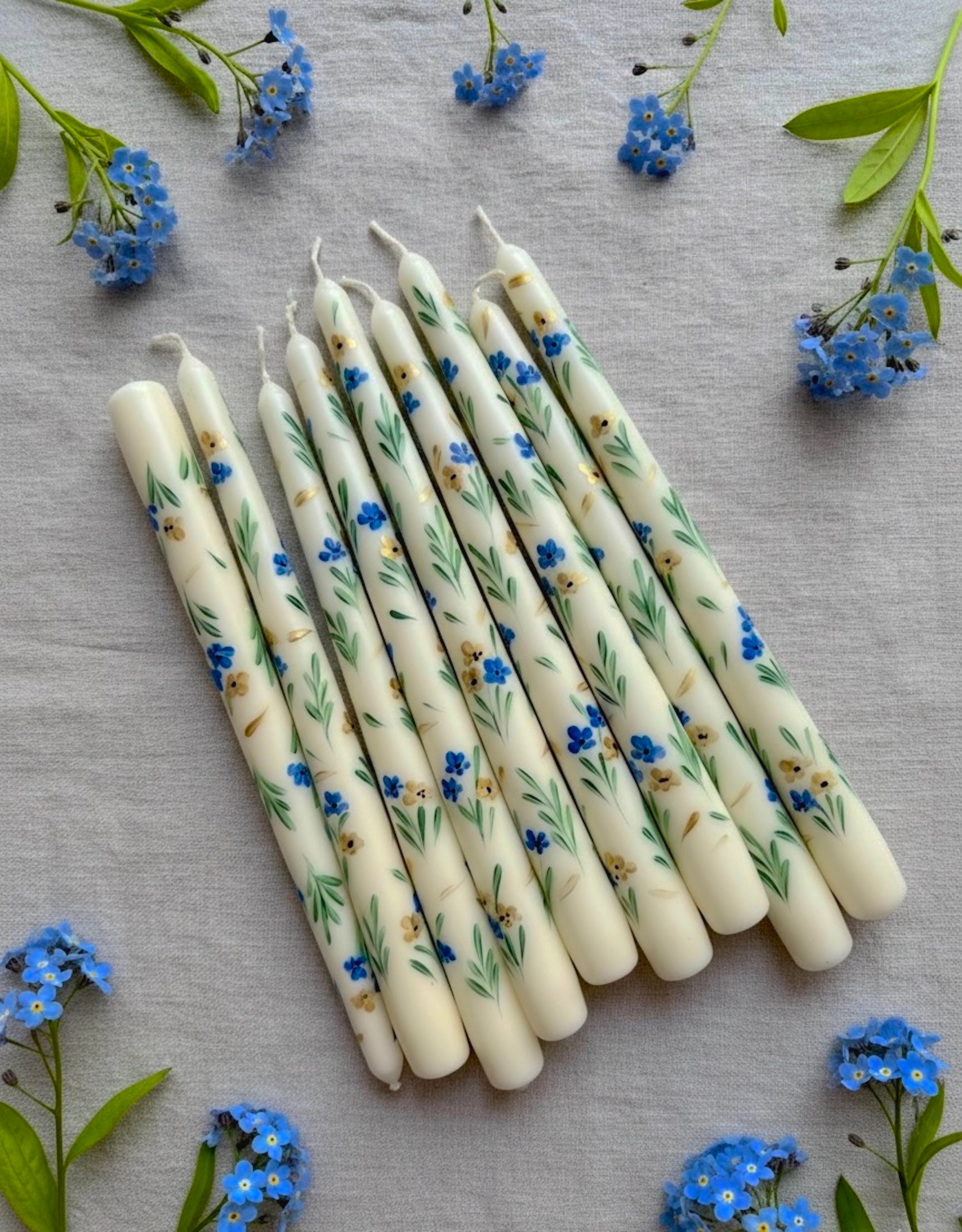 Forget me not Garden - Set of 2 Hand Painted Taper Candles