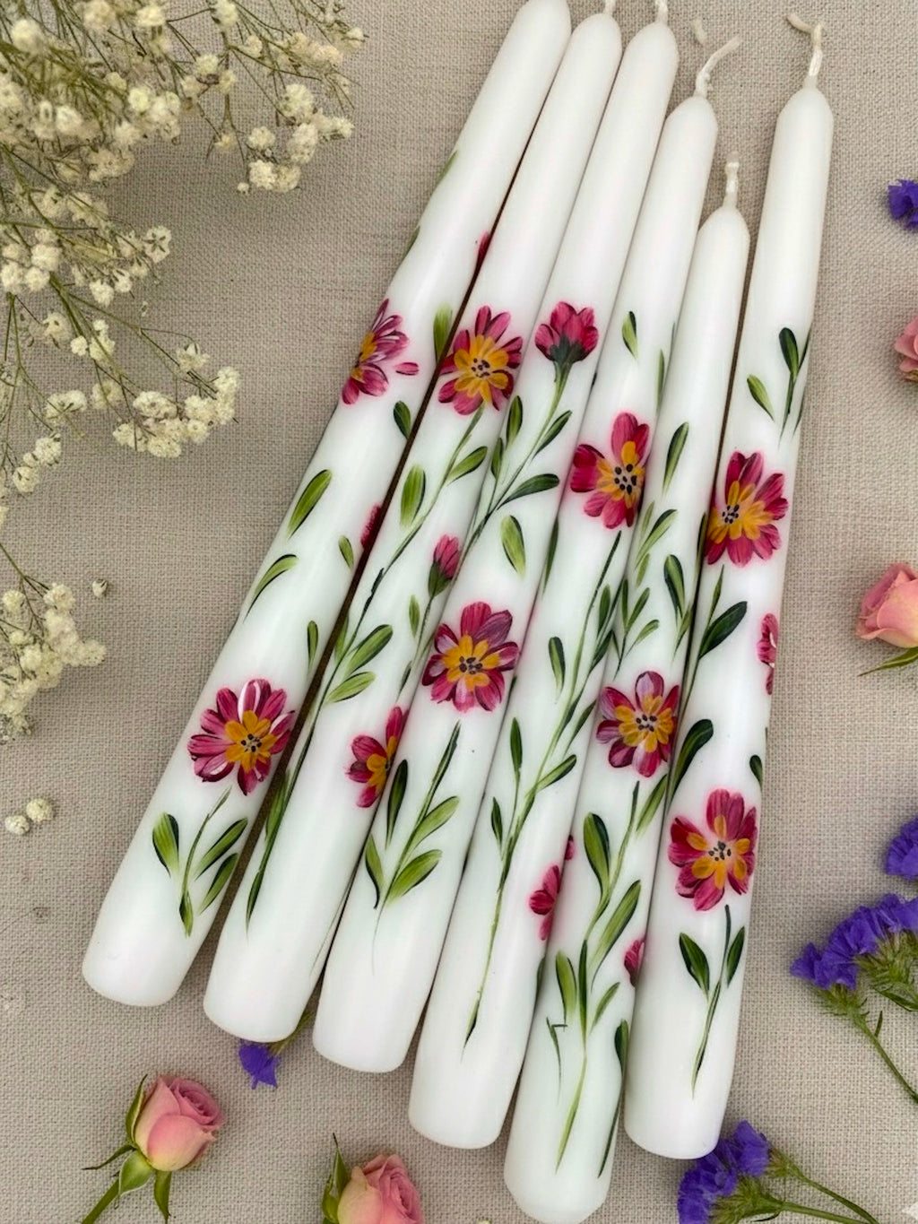 Red Garden - Set of 2 Hand Painted Taper Candles