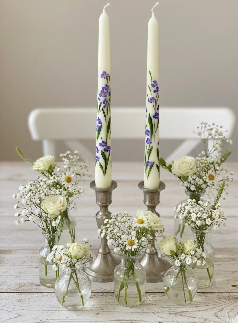 Statice Garden - Set of 2 Hand Painted Taper Candles
