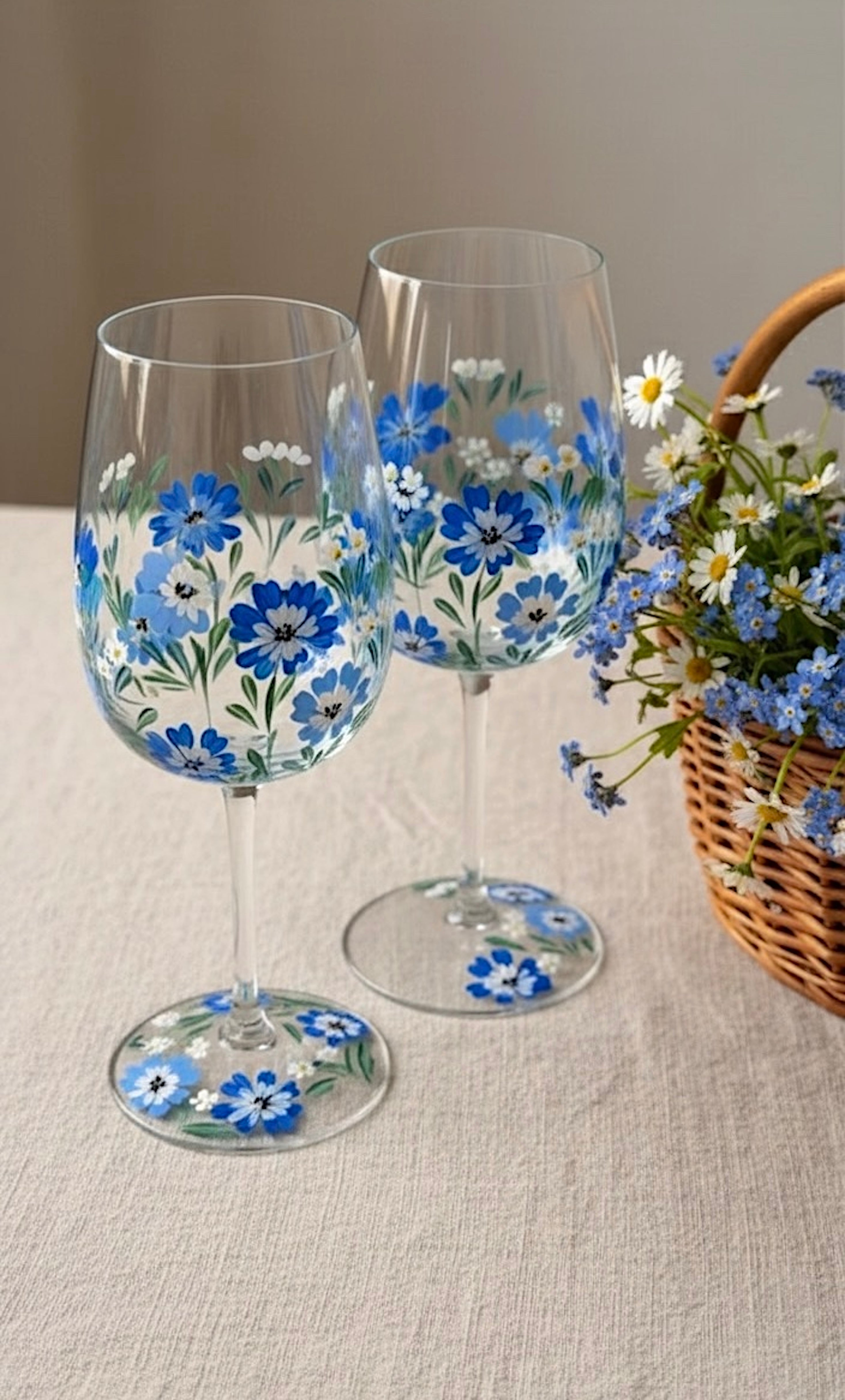 Blue Garden - Hand Painted Floral Wine Glass 17 oz