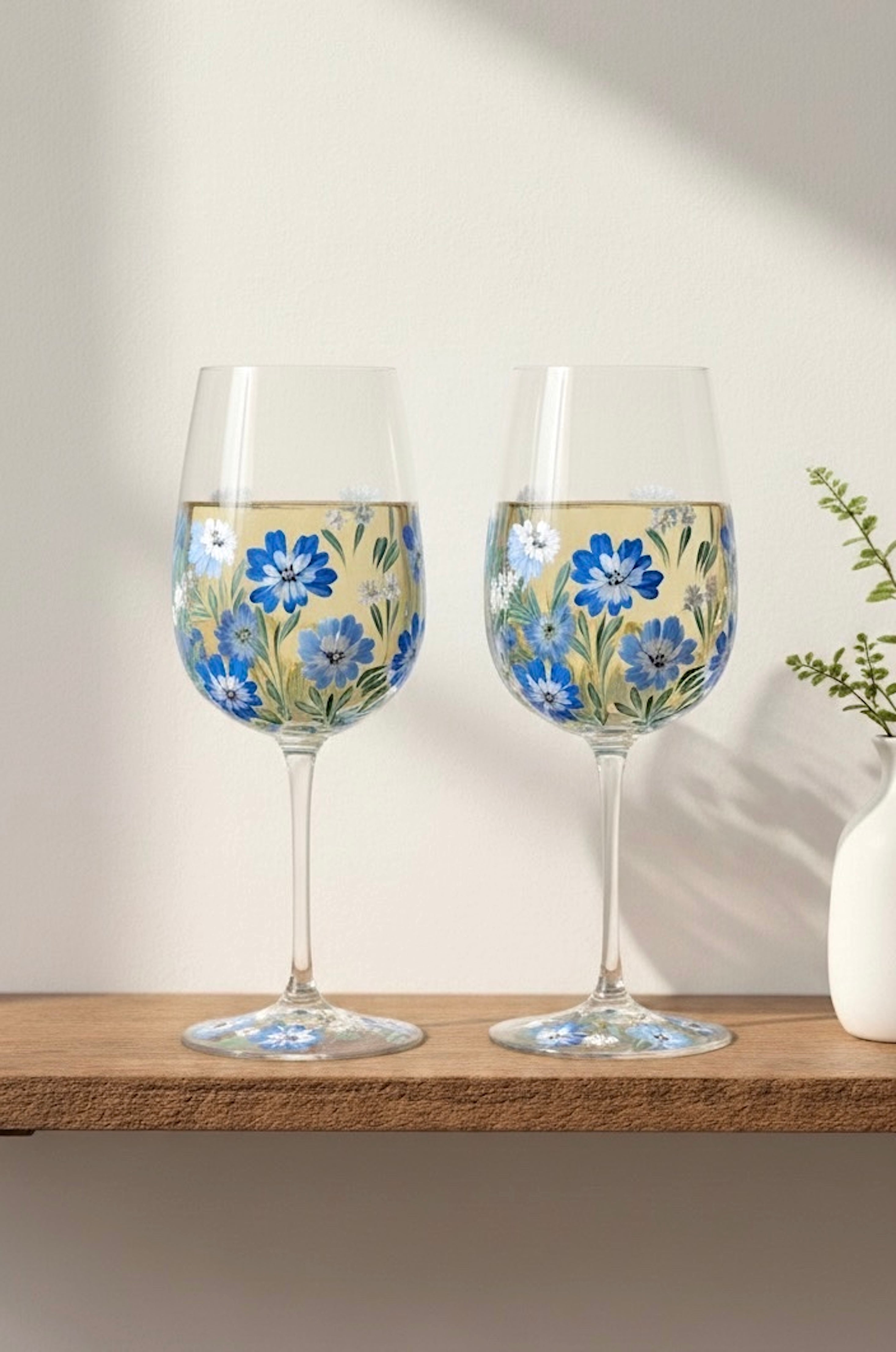Blue Garden - Hand Painted Floral Wine Glass 17 oz