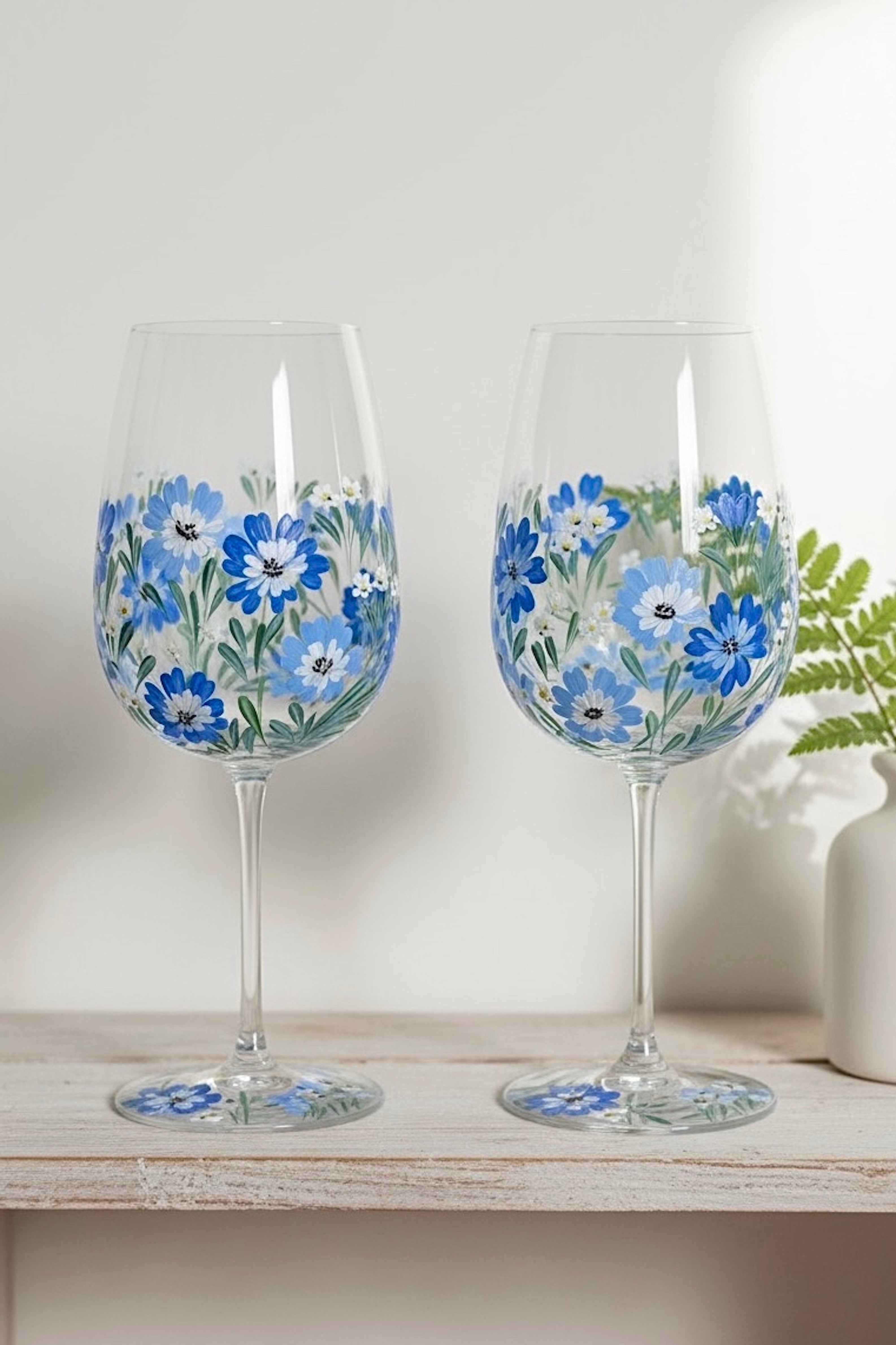 Blue Garden - Hand Painted Floral Wine Glass 17 oz