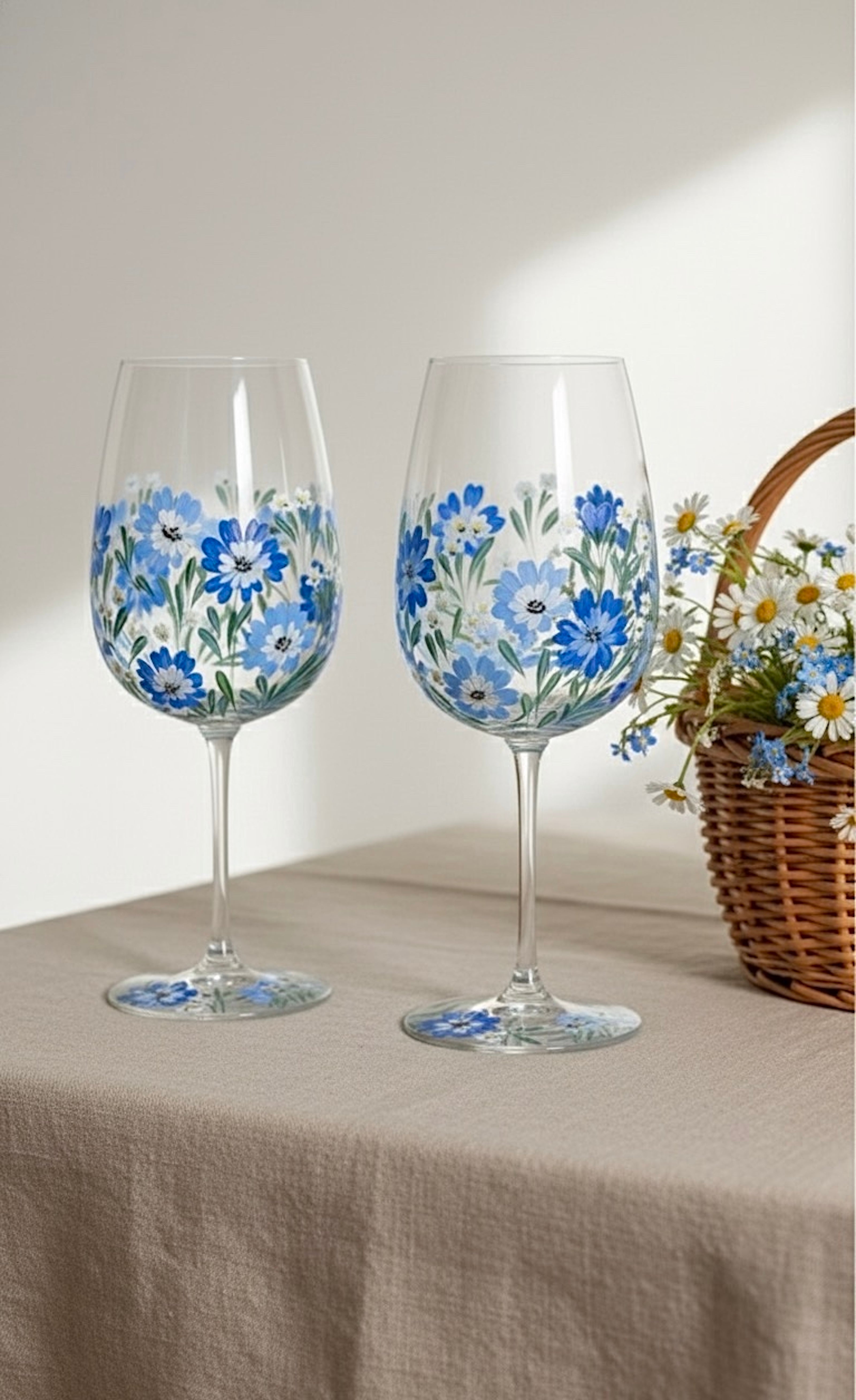 Blue Garden - Hand Painted Floral Wine Glass 17 oz