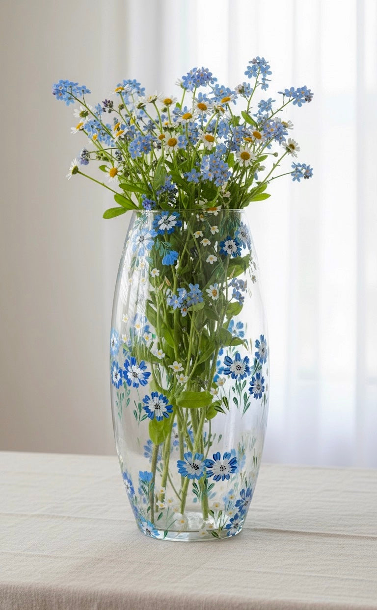Blue Hand Painted Floral Glass Bala Vase 10"