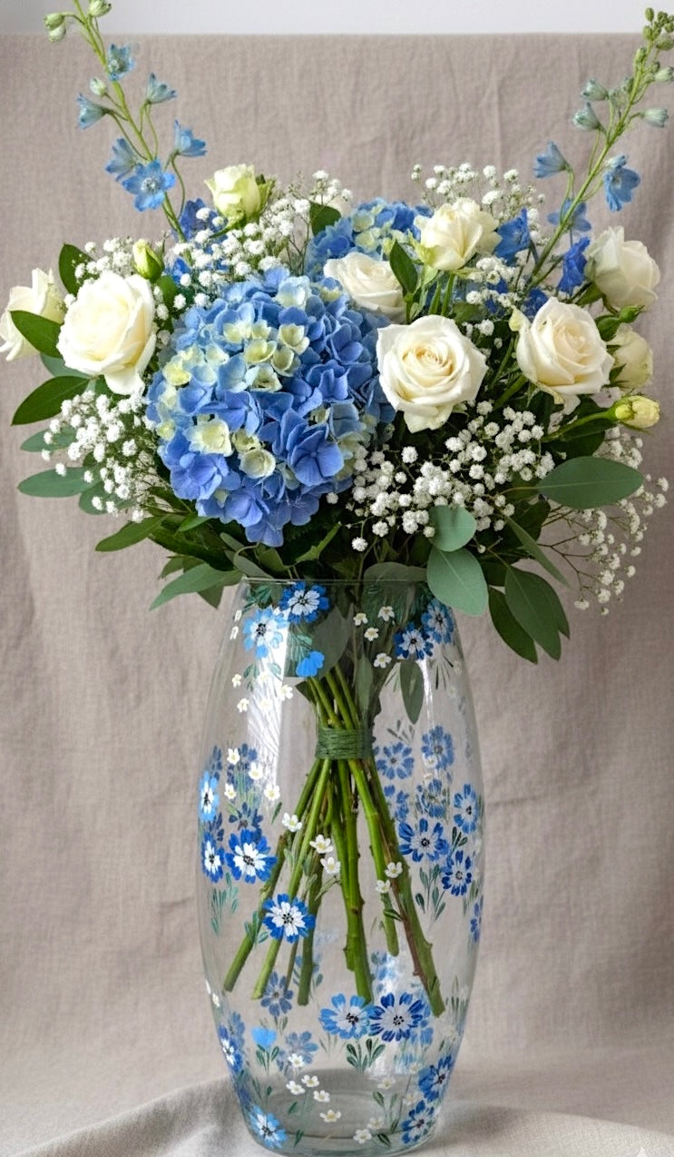 Blue Hand Painted Floral Glass Bala Vase 10"