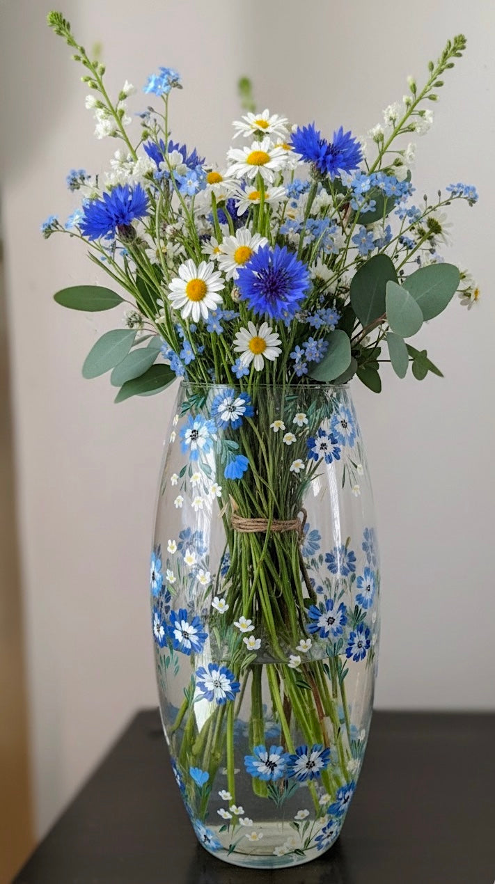 Blue Hand Painted Floral Glass Bala Vase 10"