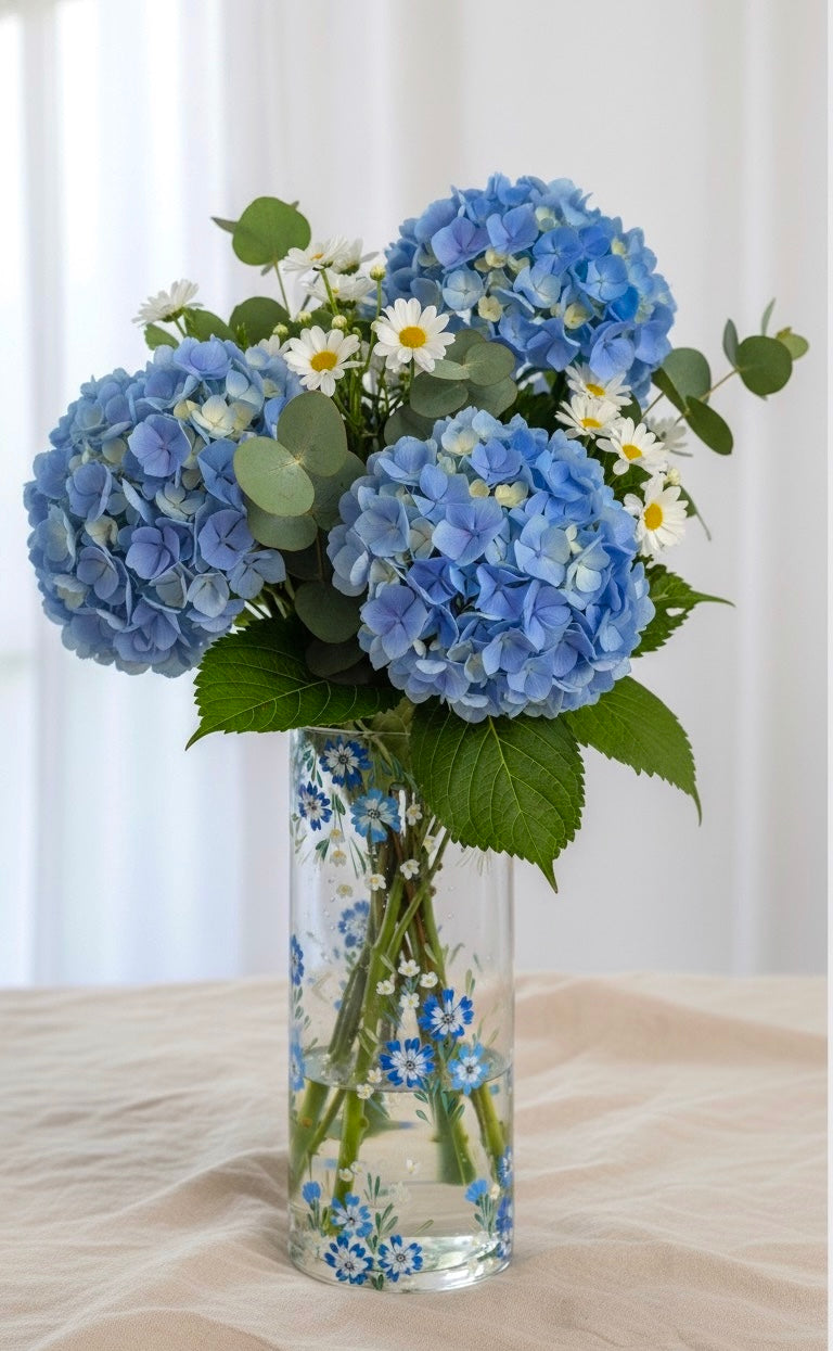Blue Hand Painted Floral Glass Cylinder Vase 10"