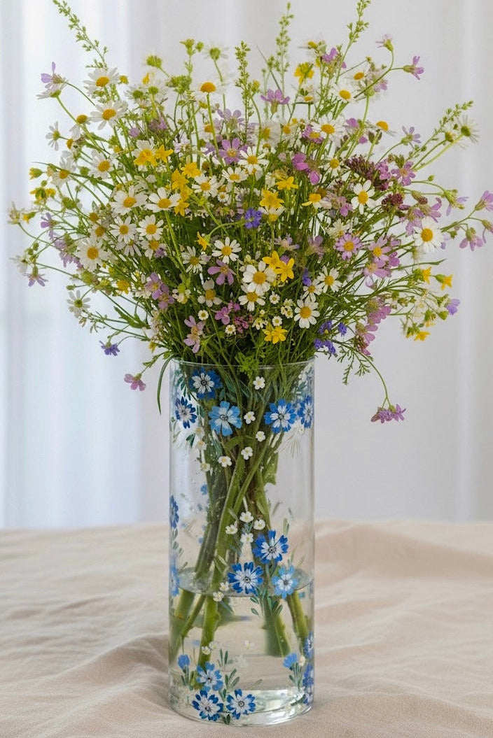 Blue Hand Painted Floral Glass Cylinder Vase 10"