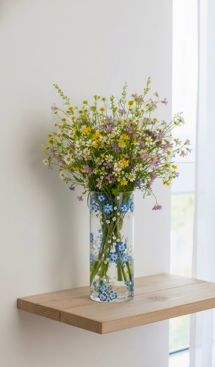 Blue Hand Painted Floral Glass Cylinder Vase 10"