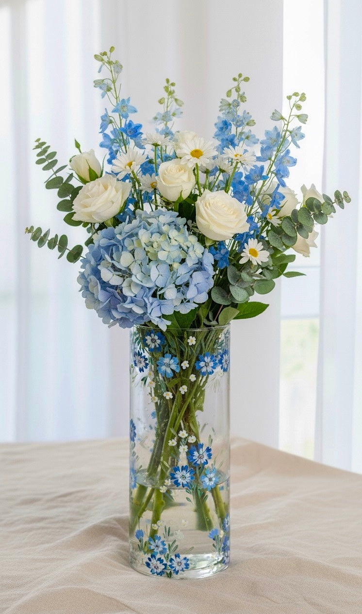 Blue Hand Painted Floral Glass Cylinder Vase 10"