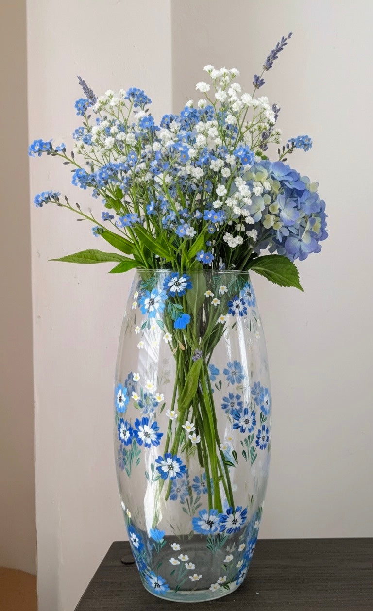 Blue Hand Painted Floral Glass Bala Vase 10"